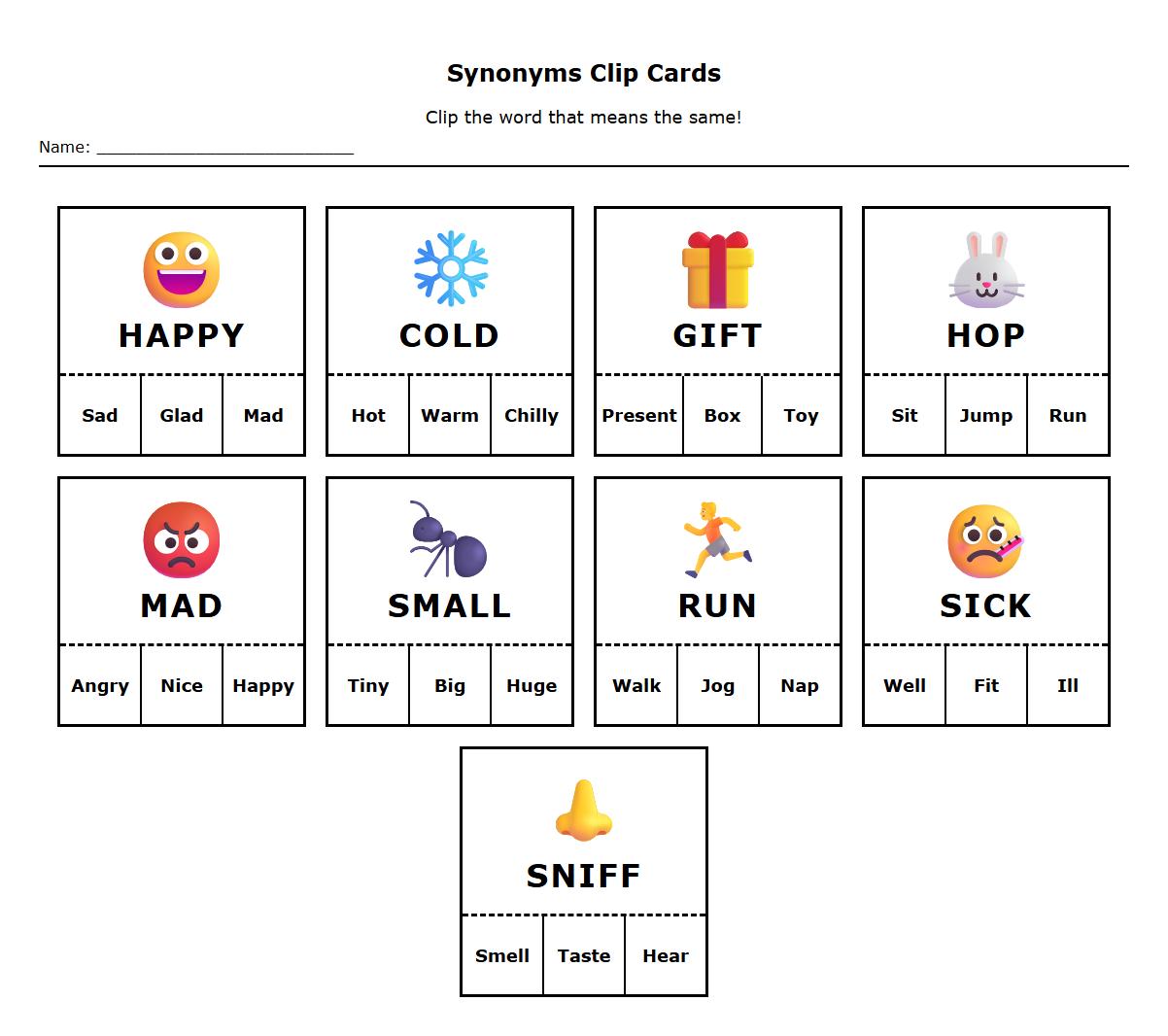 Synonyms Clip Cards for Phonics Sound Recognition