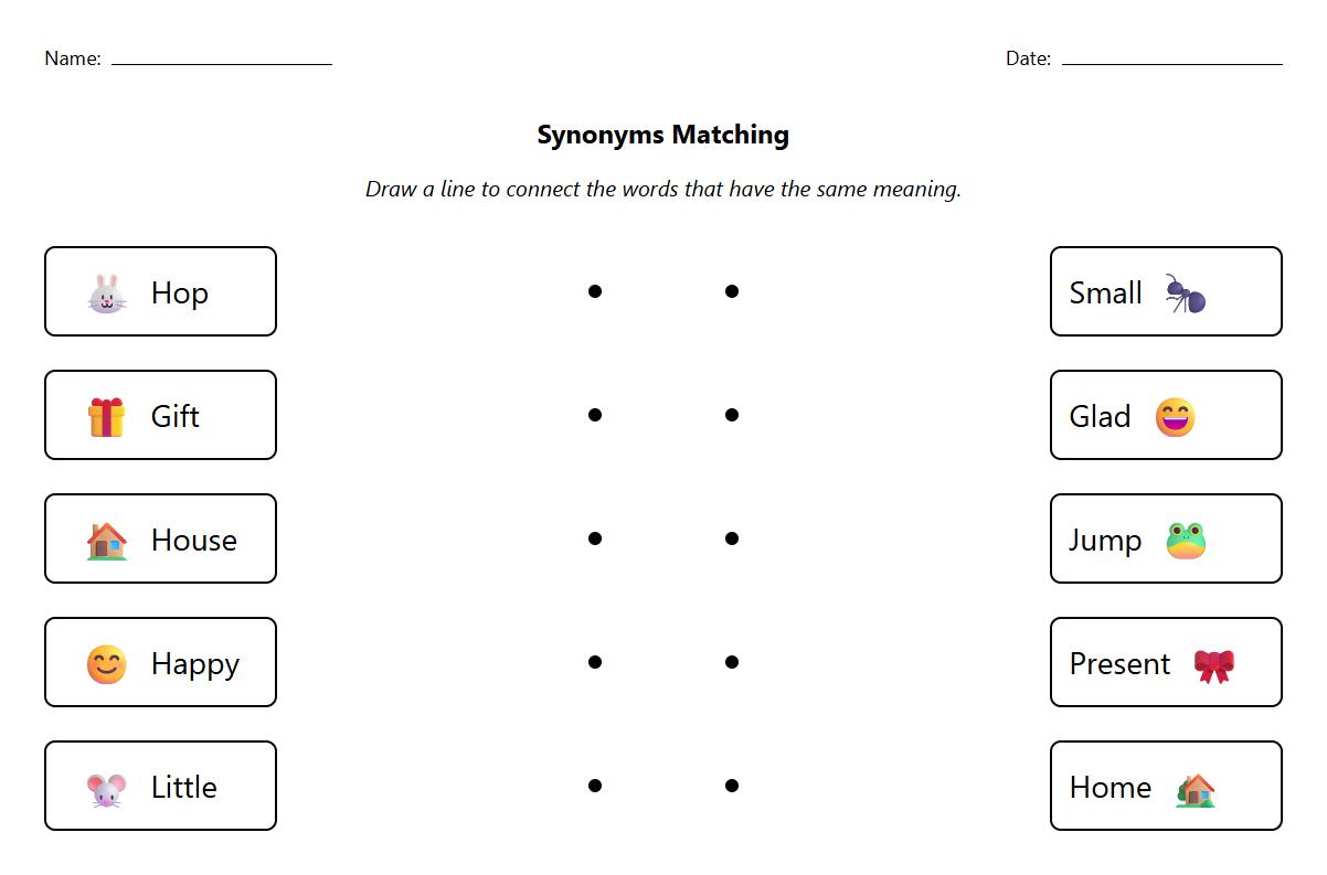 Synonyms Matching Phonics Worksheet
