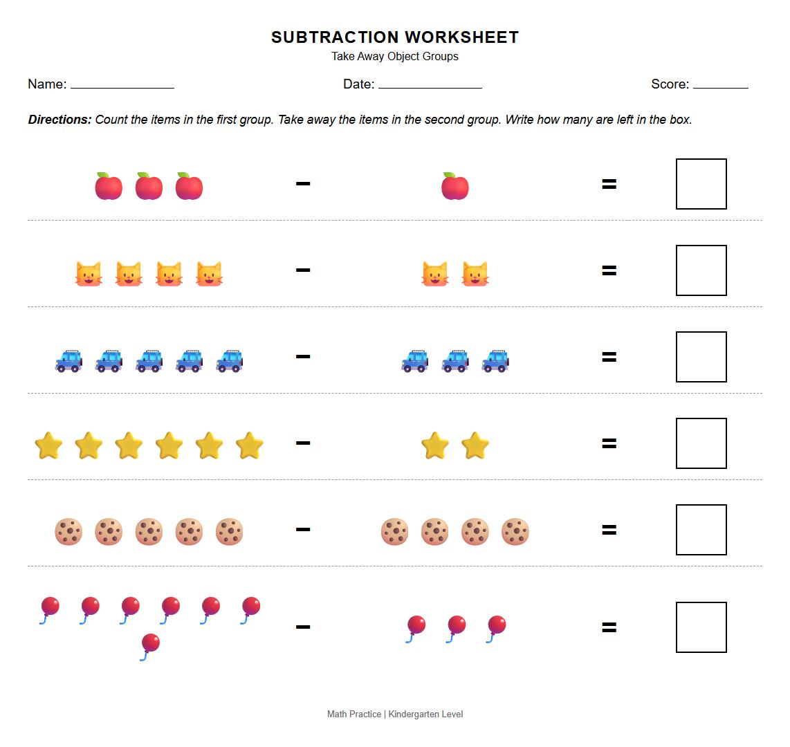 Take Away Subtraction Worksheet Using Object Groups