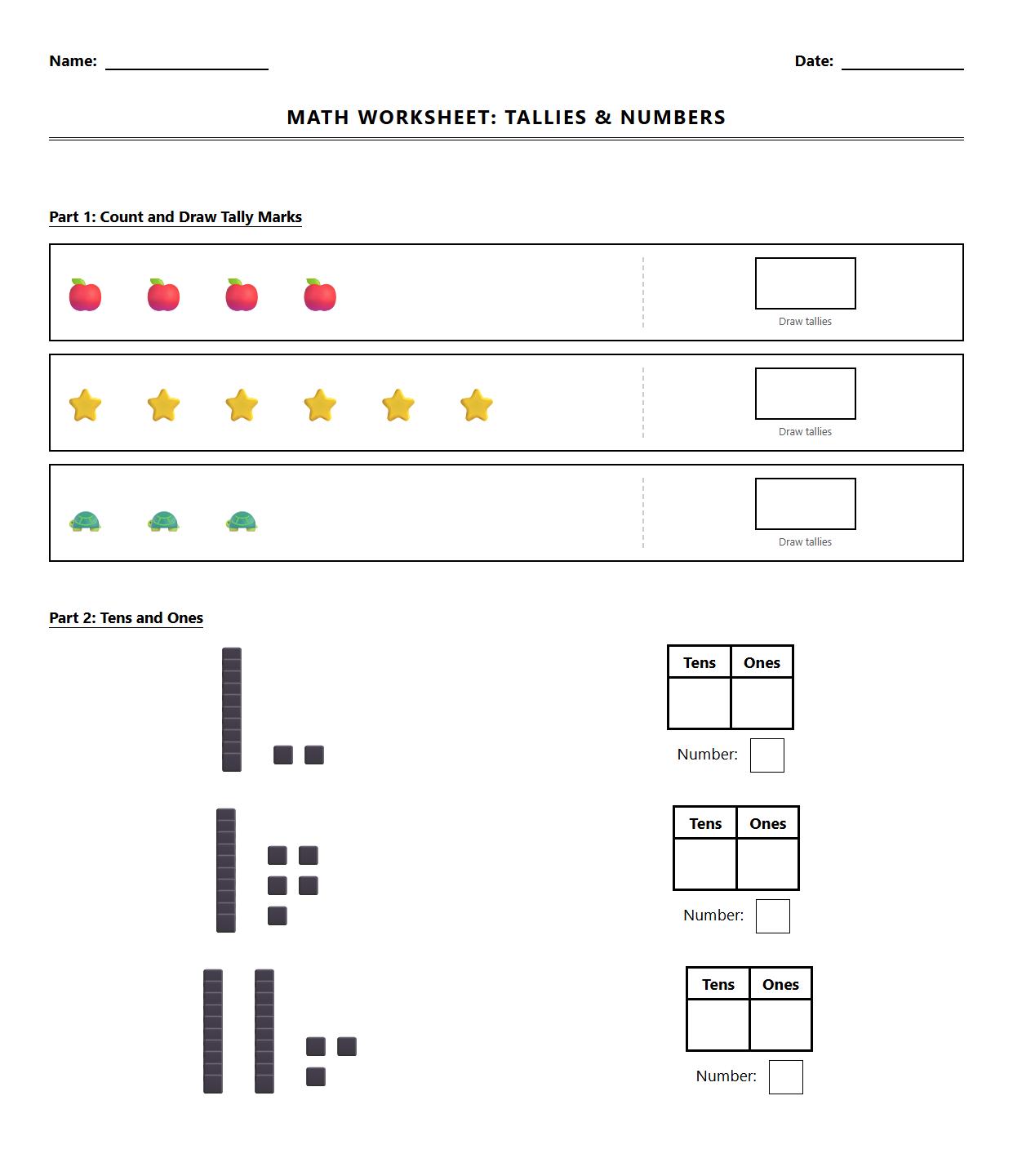 Tally Marks and Place Value Introduction Worksheet