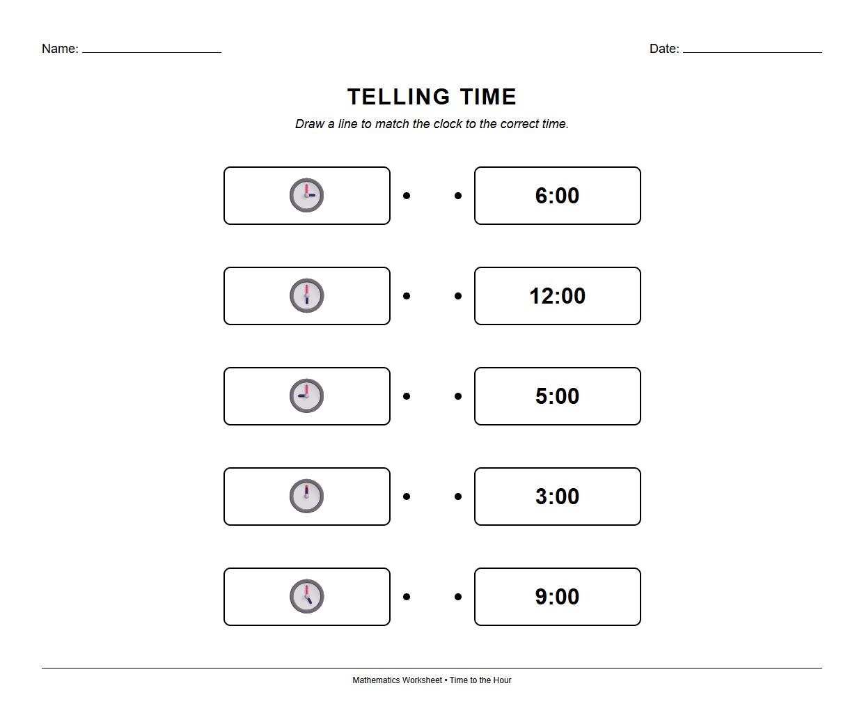 Telling Time to the Hour Matching Activity Worksheet