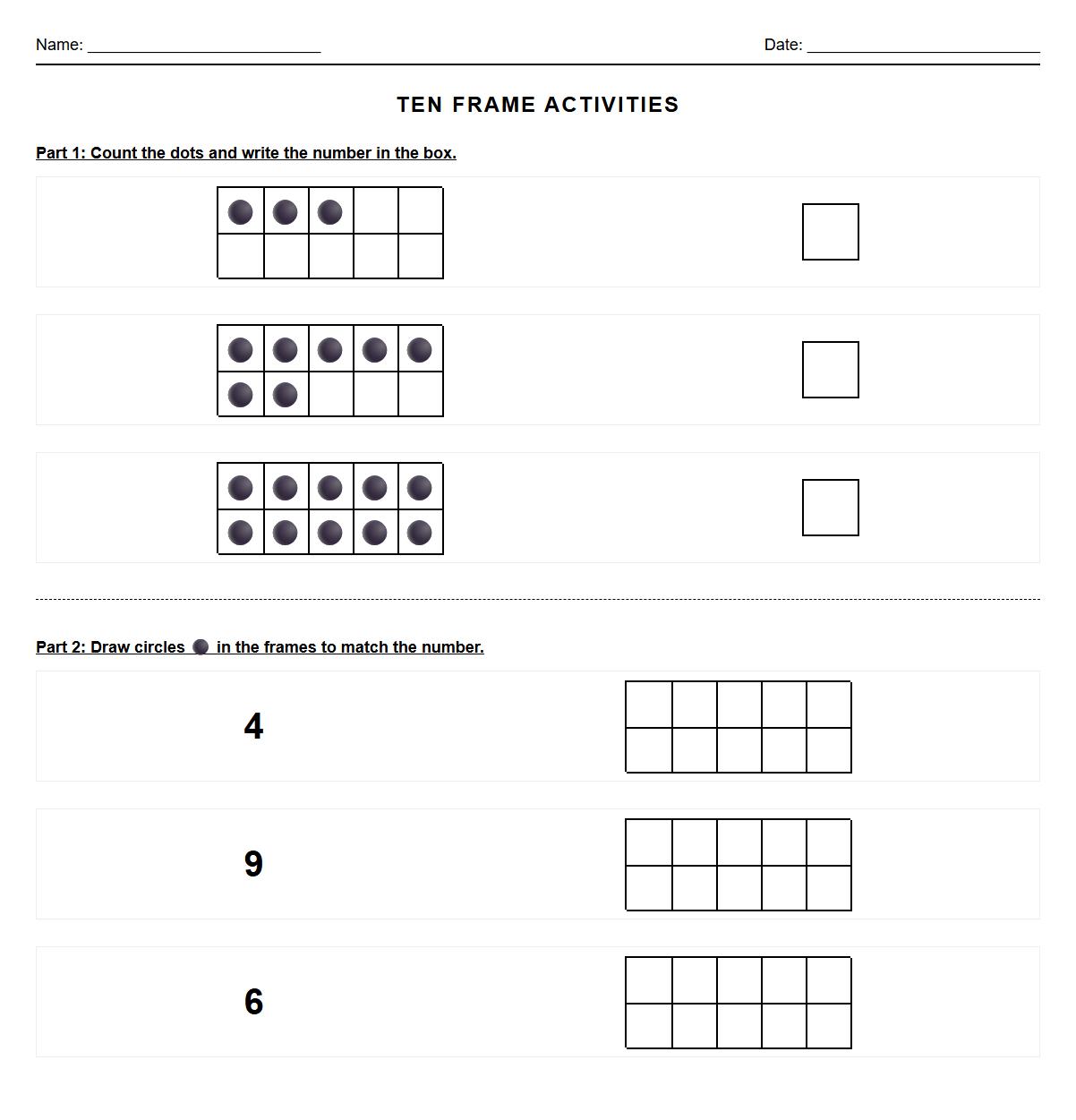 Ten Frame Representation Activities