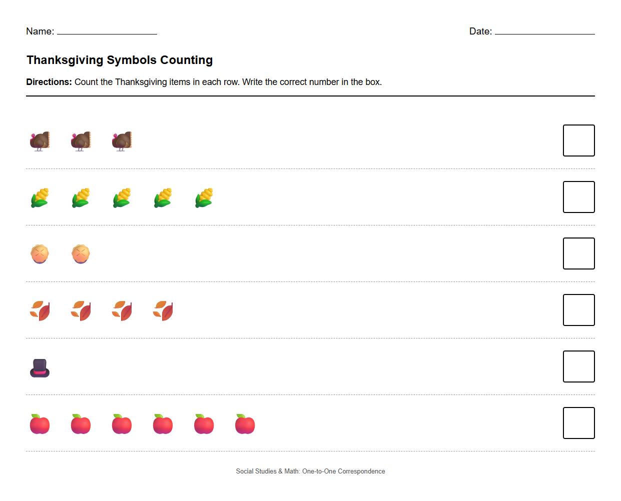 Thanksgiving Turkey Symbols Math Counting Worksheet for One to One Correspondence