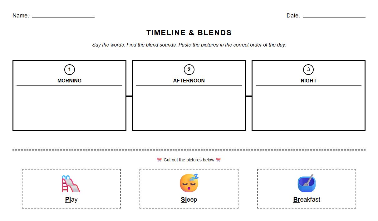 Timeline Sequencing with Phonics Blends Worksheet
