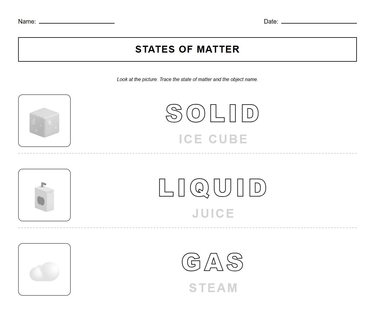 Trace and Color Everyday Matter States Sheet