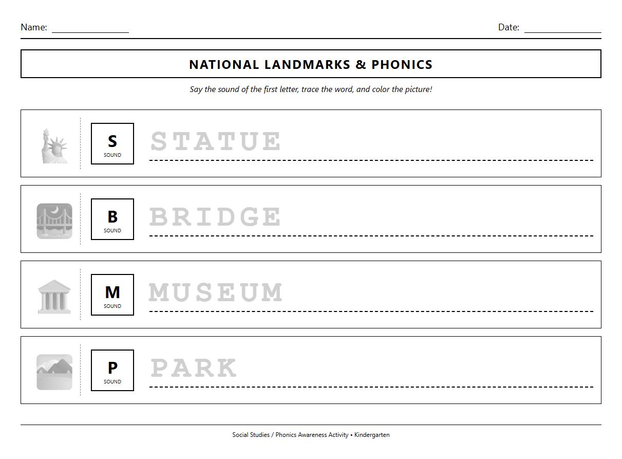 Trace and Color National Landmarks Phonics Awareness Worksheet