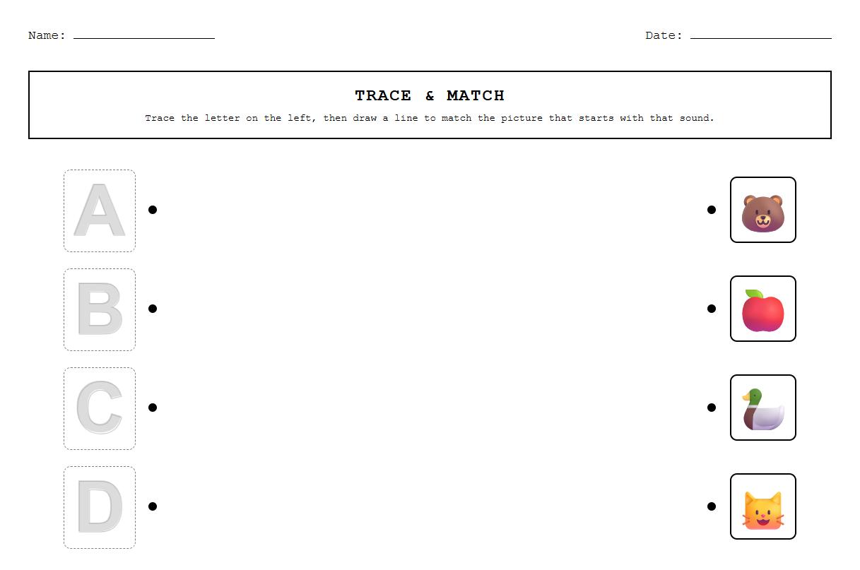 Trace and Match Beginning Sounds Practice Sheets