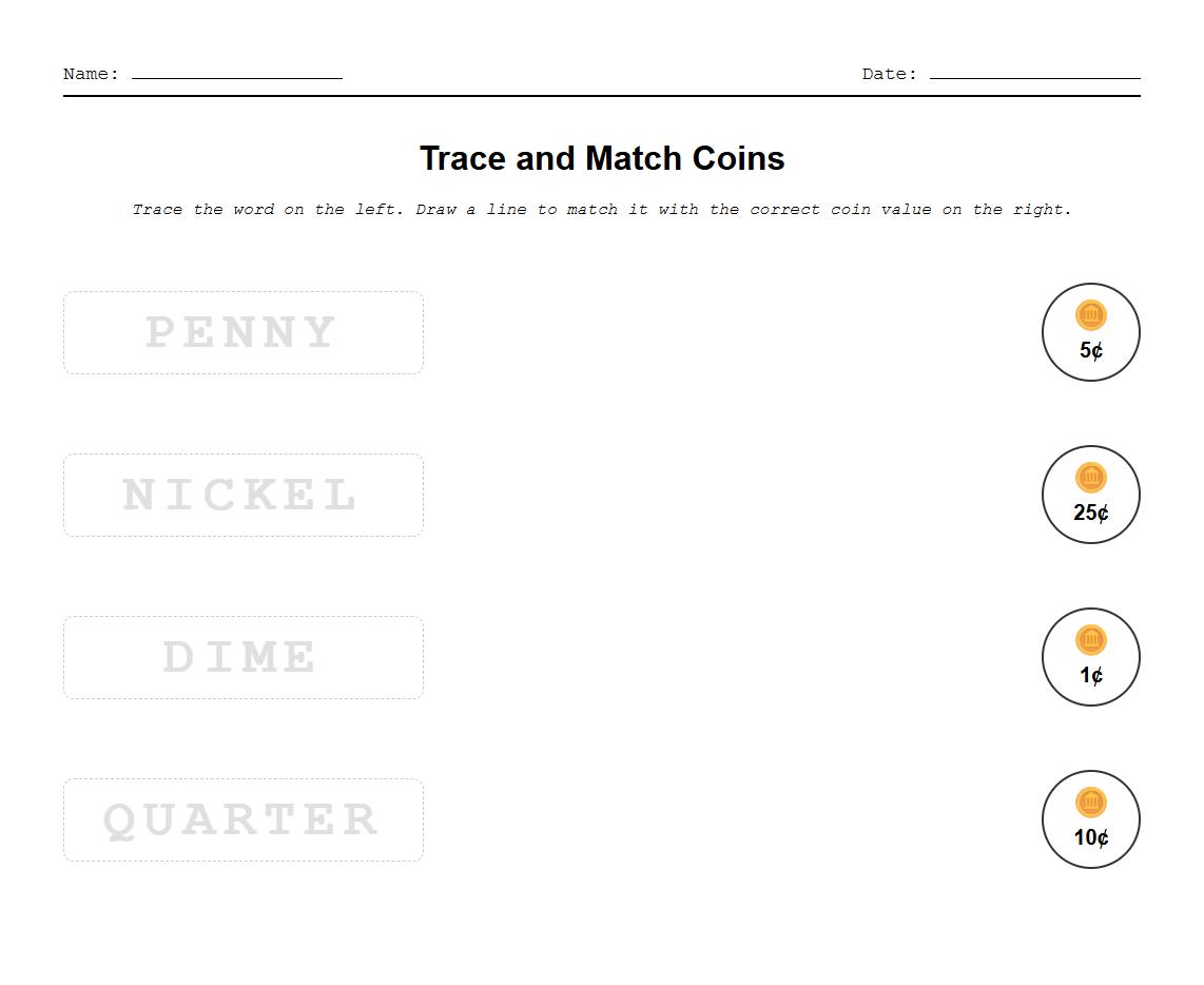 Trace and Match Coin Denominations Exercise
