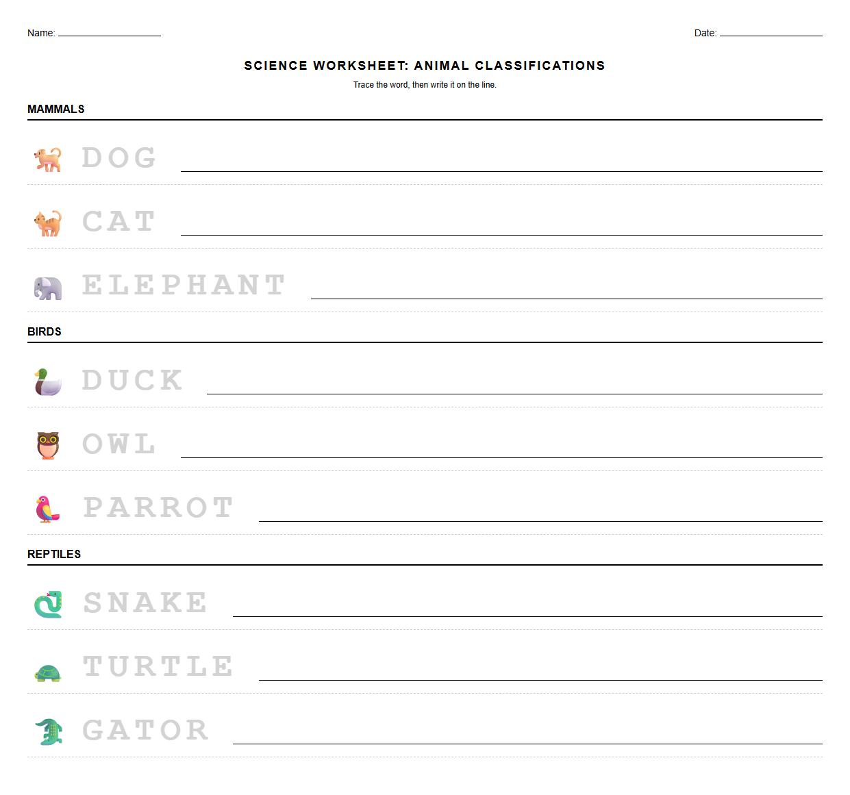 Trace and Write the Names Worksheet for Mammals Birds and Reptiles