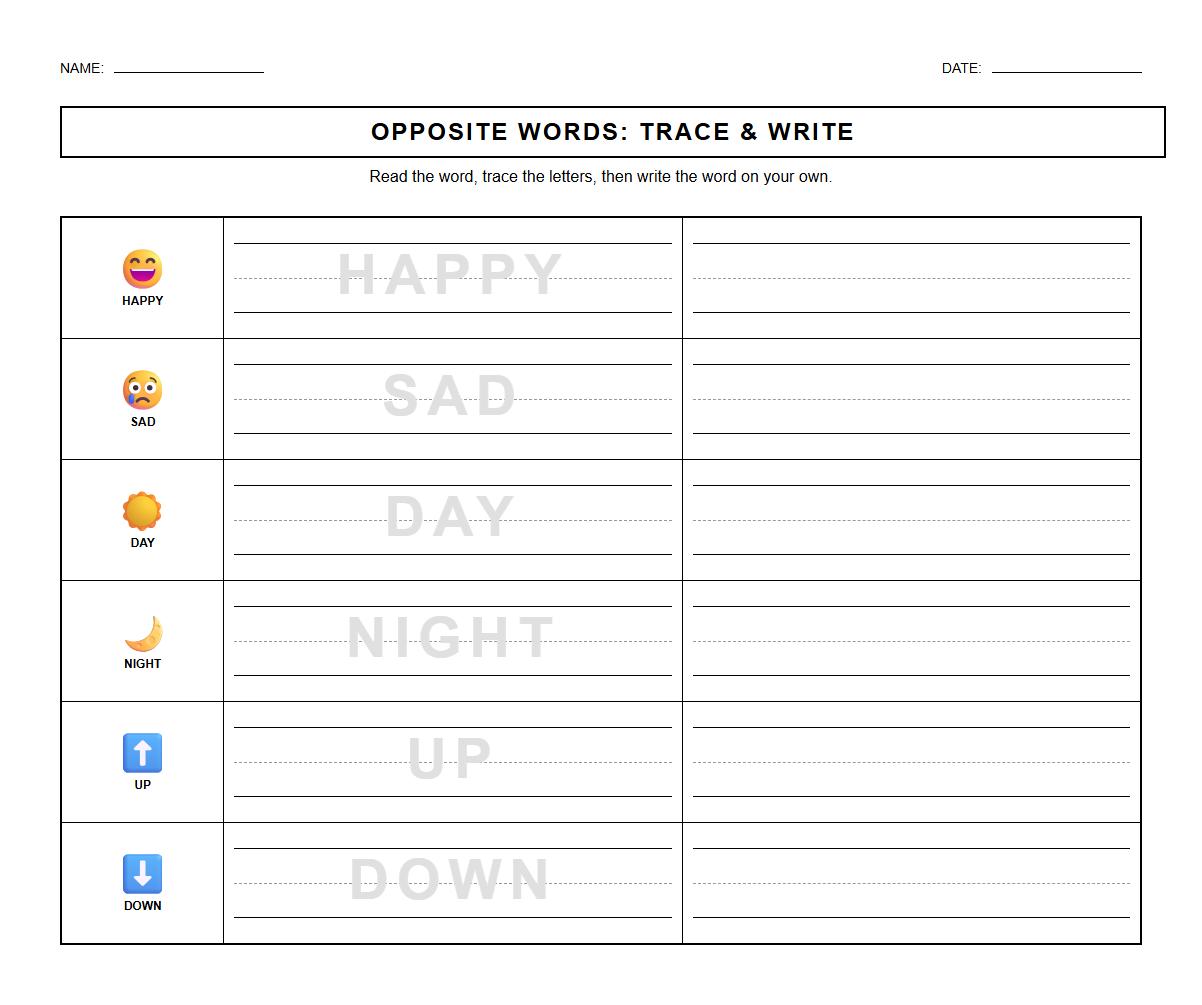 Trace and Write Opposite Words Handwriting Sheet