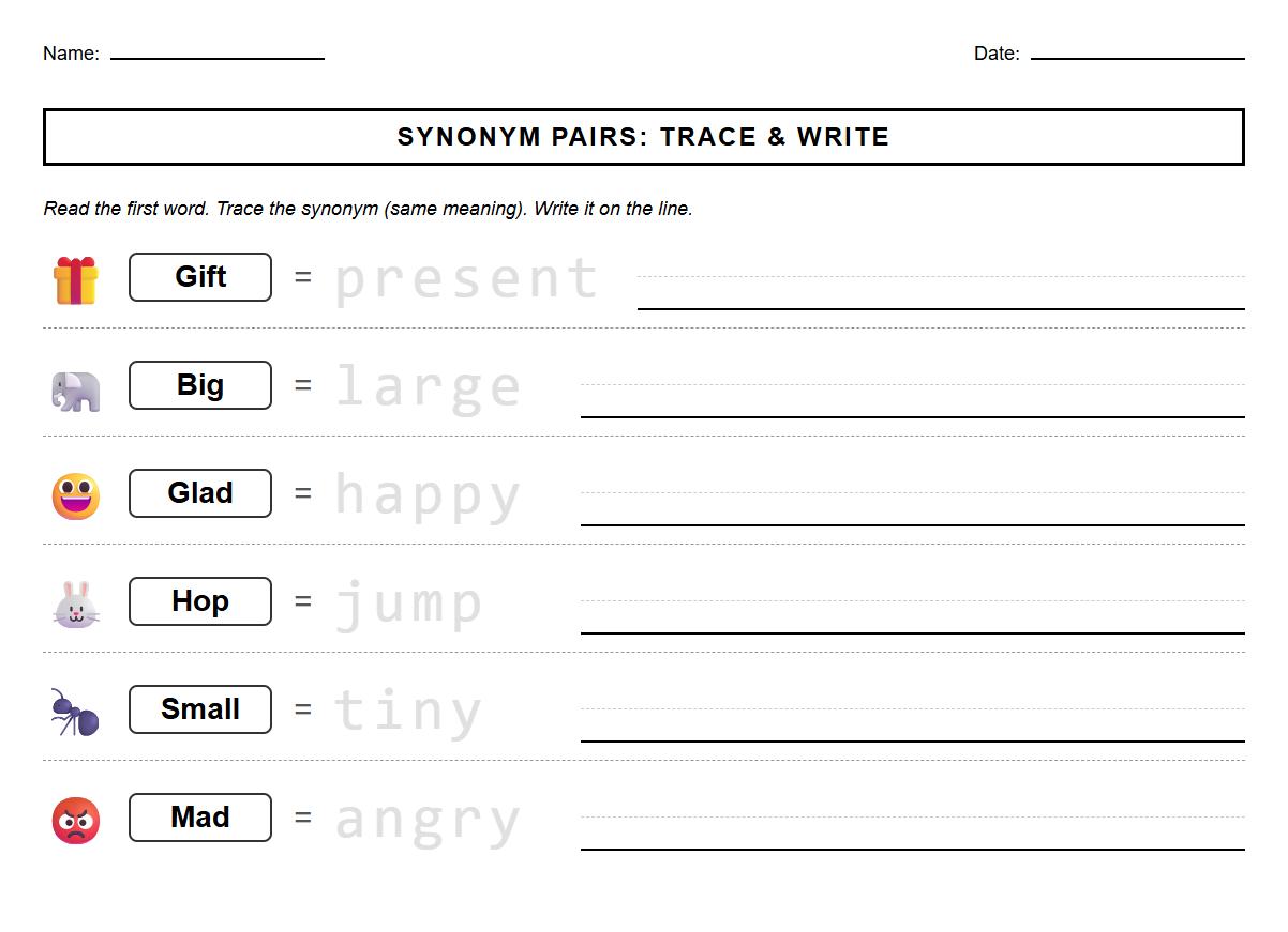 Trace and Write Synonym Pairs Phonics Sheet