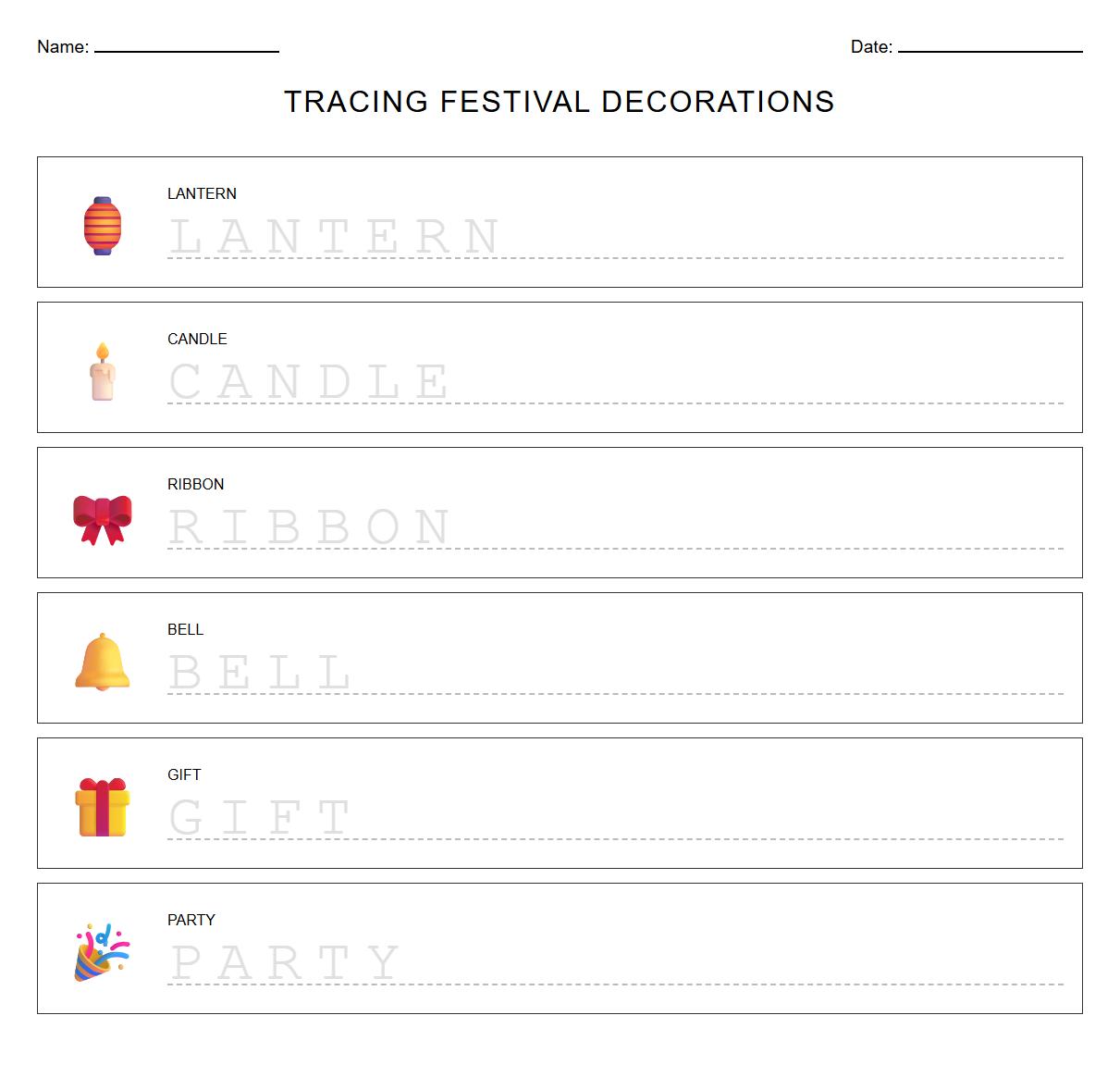 Tracing Letters Worksheet featuring Festival Decorations