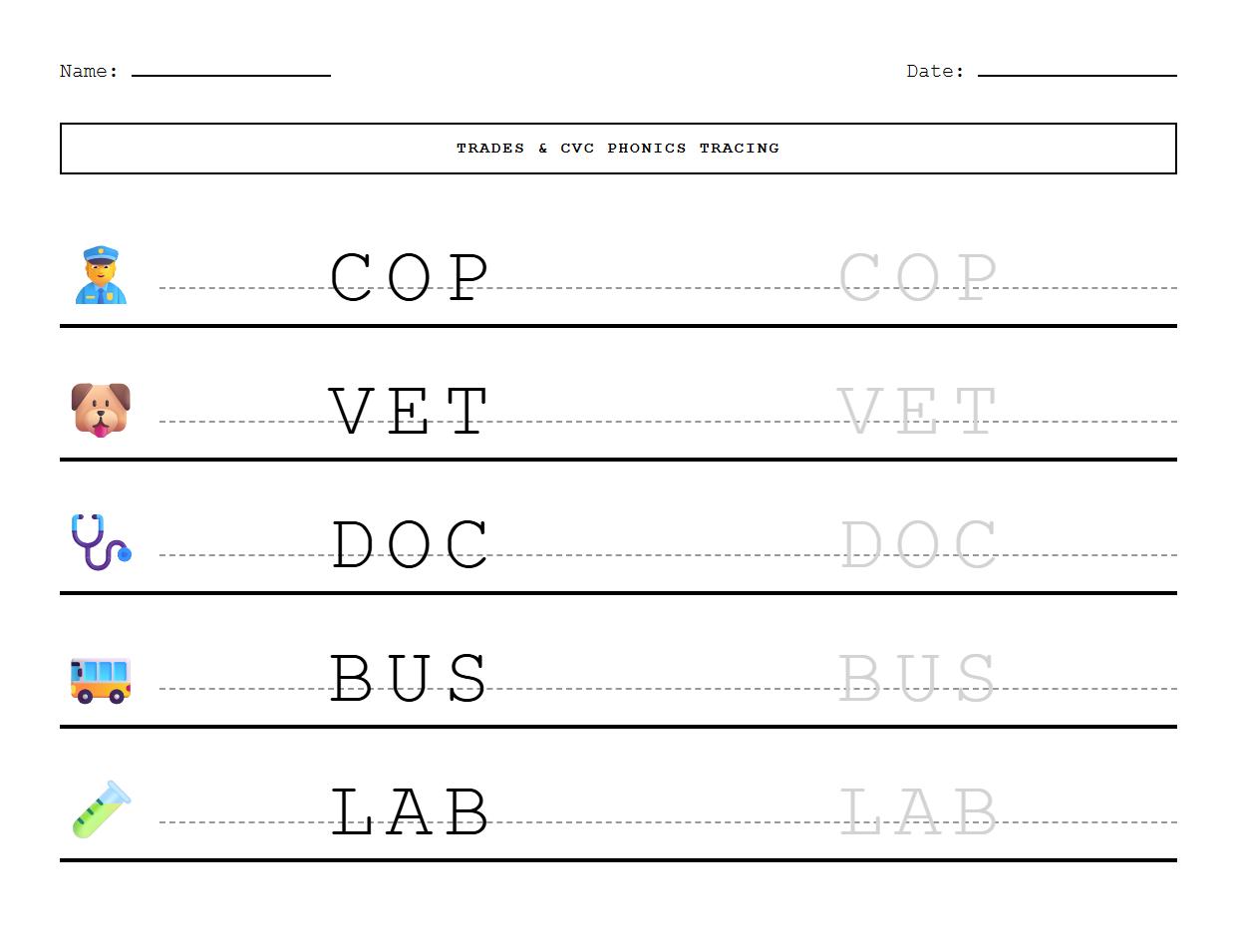 Trades Tracing Words Sheet for CVC Phonics and Pencil Control
