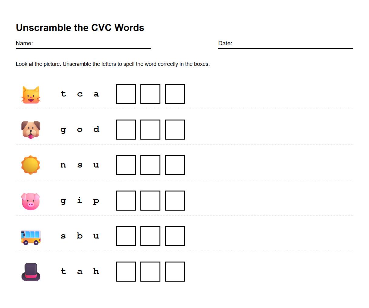Unscramble the CVC Words Spelling Exercise