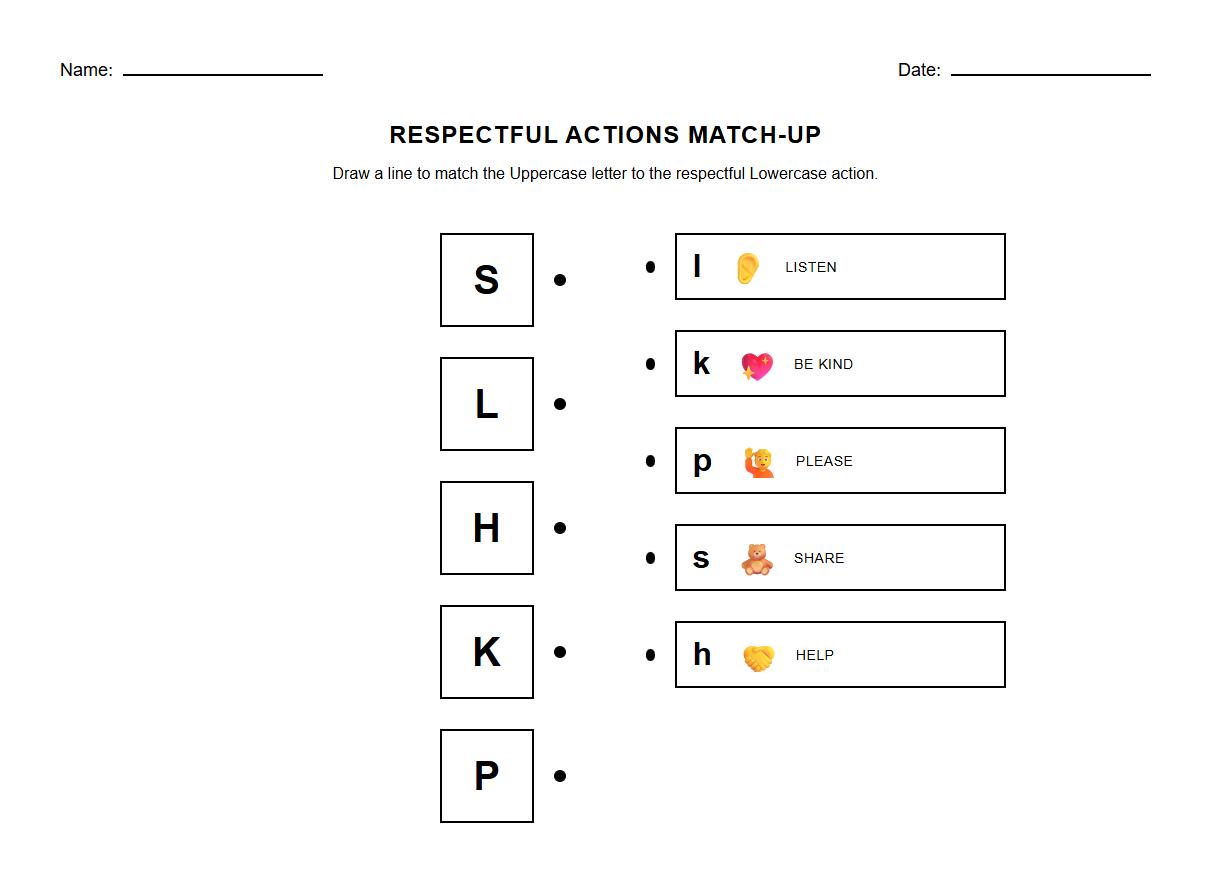 Uppercase and Lowercase Letter Matching with Respectful Actions Worksheet