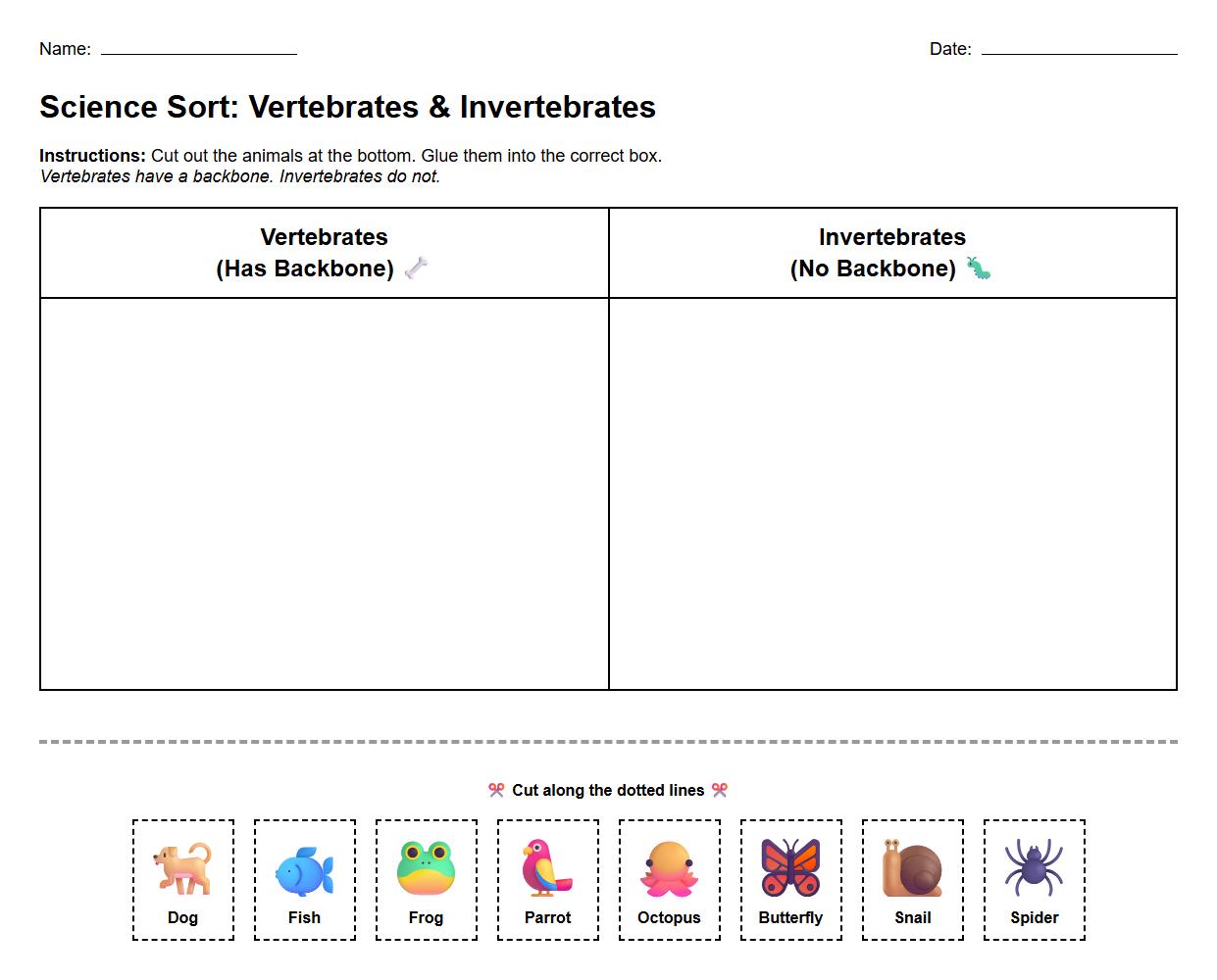 Vertebrates and Invertebrates Categorization Grid