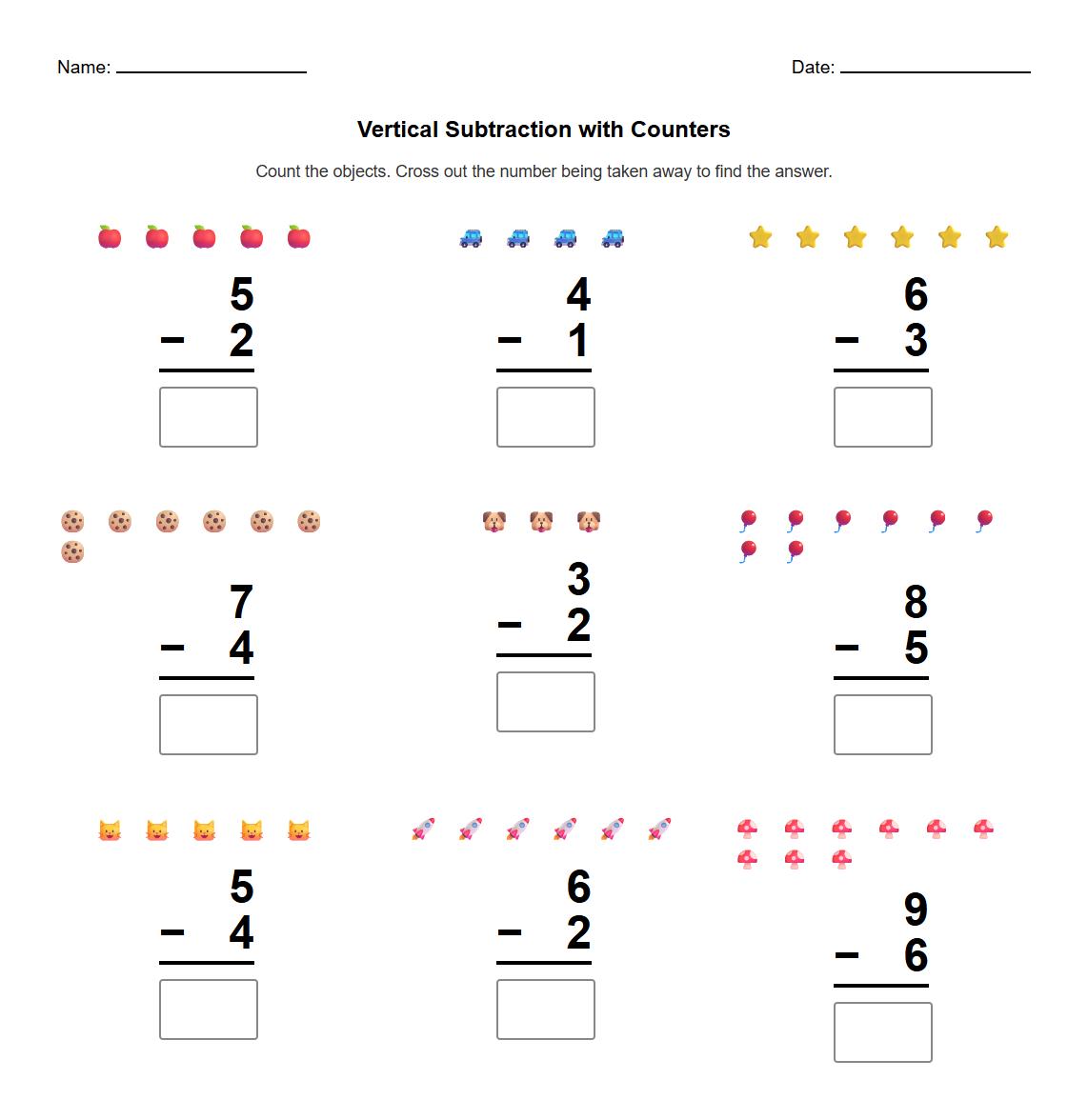 Vertical Subtraction Problems with Counters Worksheet