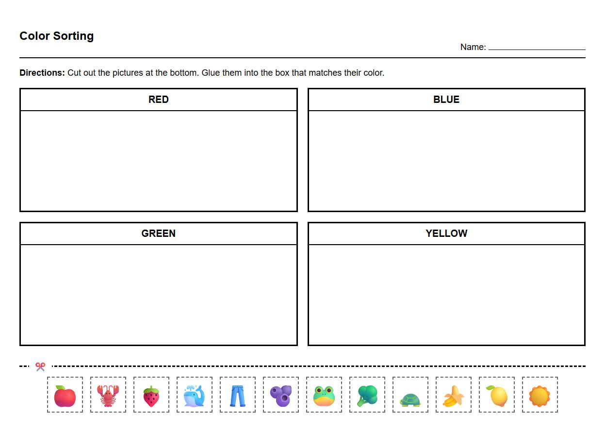 Visual Discrimination Color Sorting Worksheet