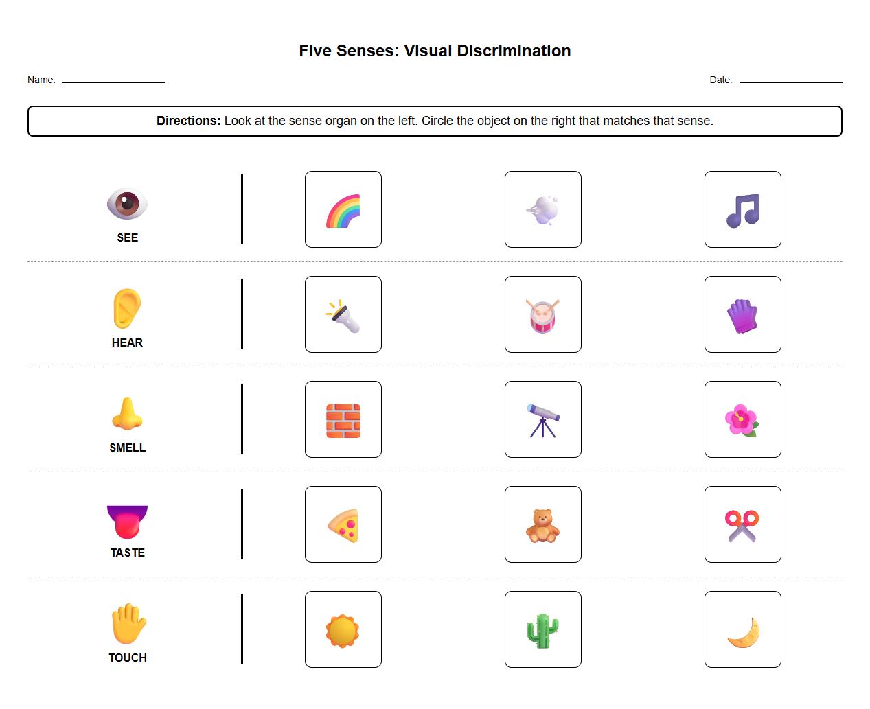 Visual Discrimination with Five Sense Organs Worksheet