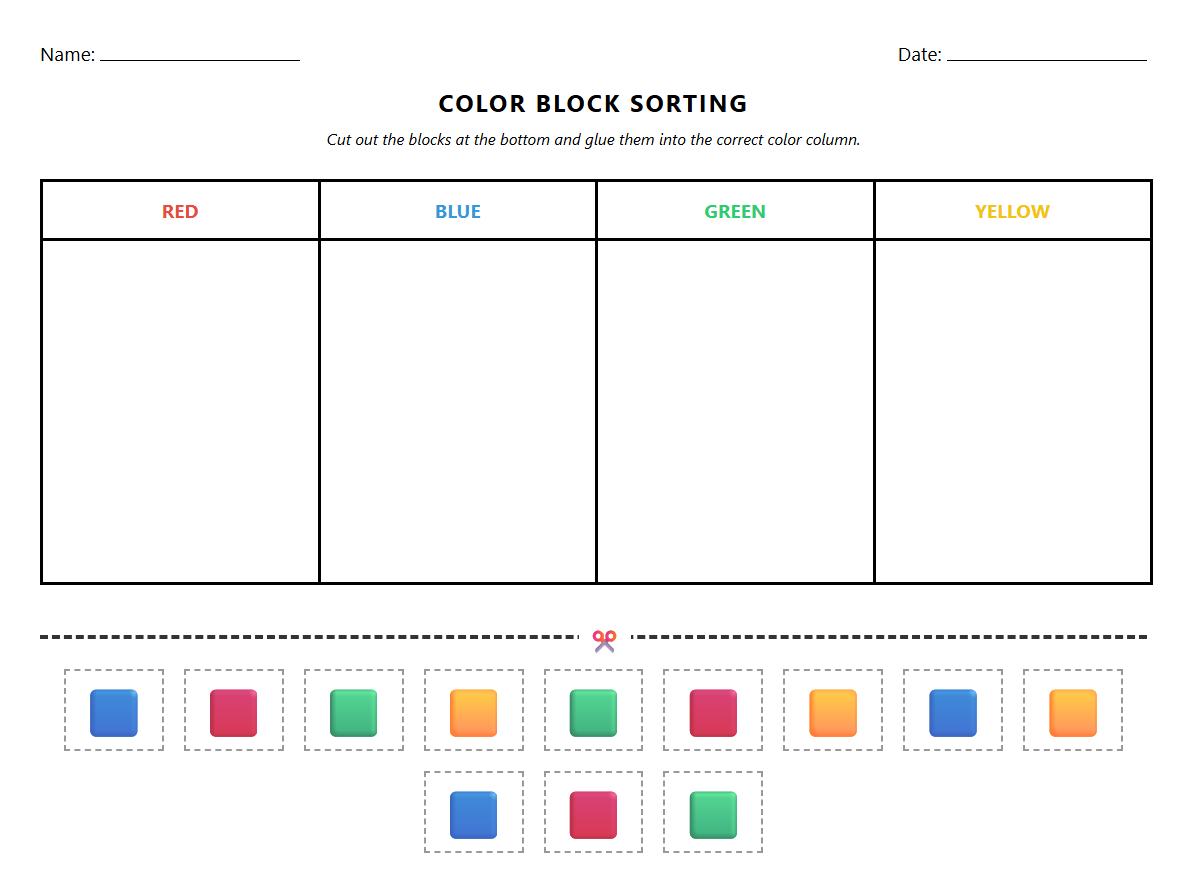 Visual Discrimination Sorting with Color Blocks Worksheet