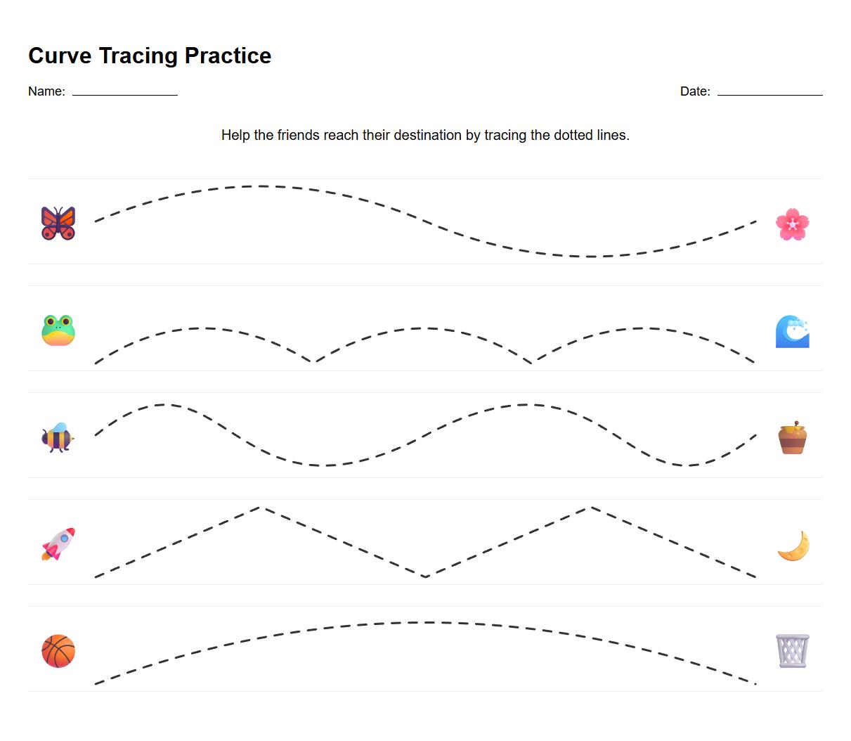 Visual Motor Skills Curve Tracing Worksheet for Kindergarten