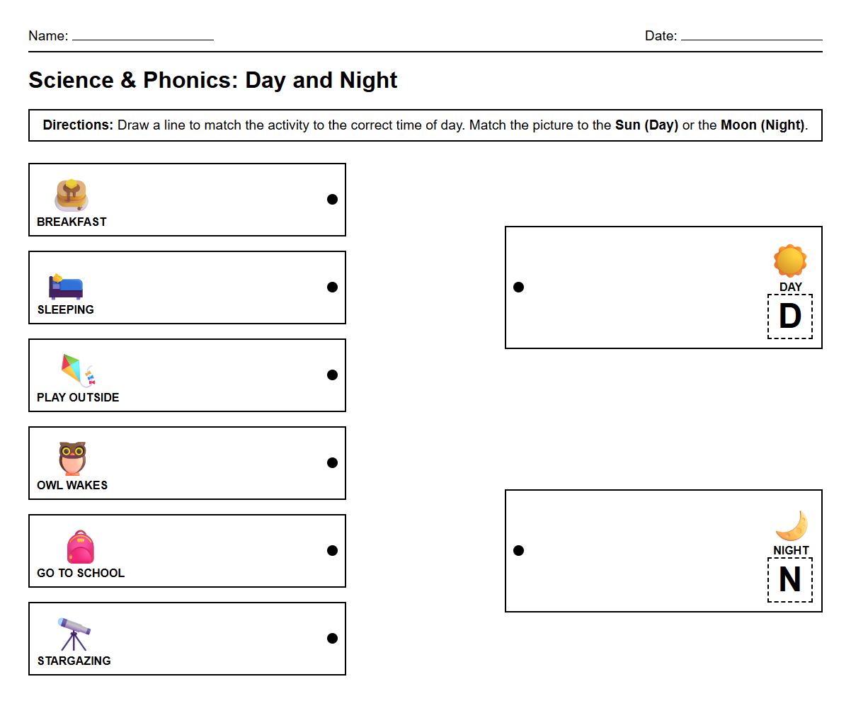 Visual Phonics Symbol Matching for Day and Night Activities Worksheet