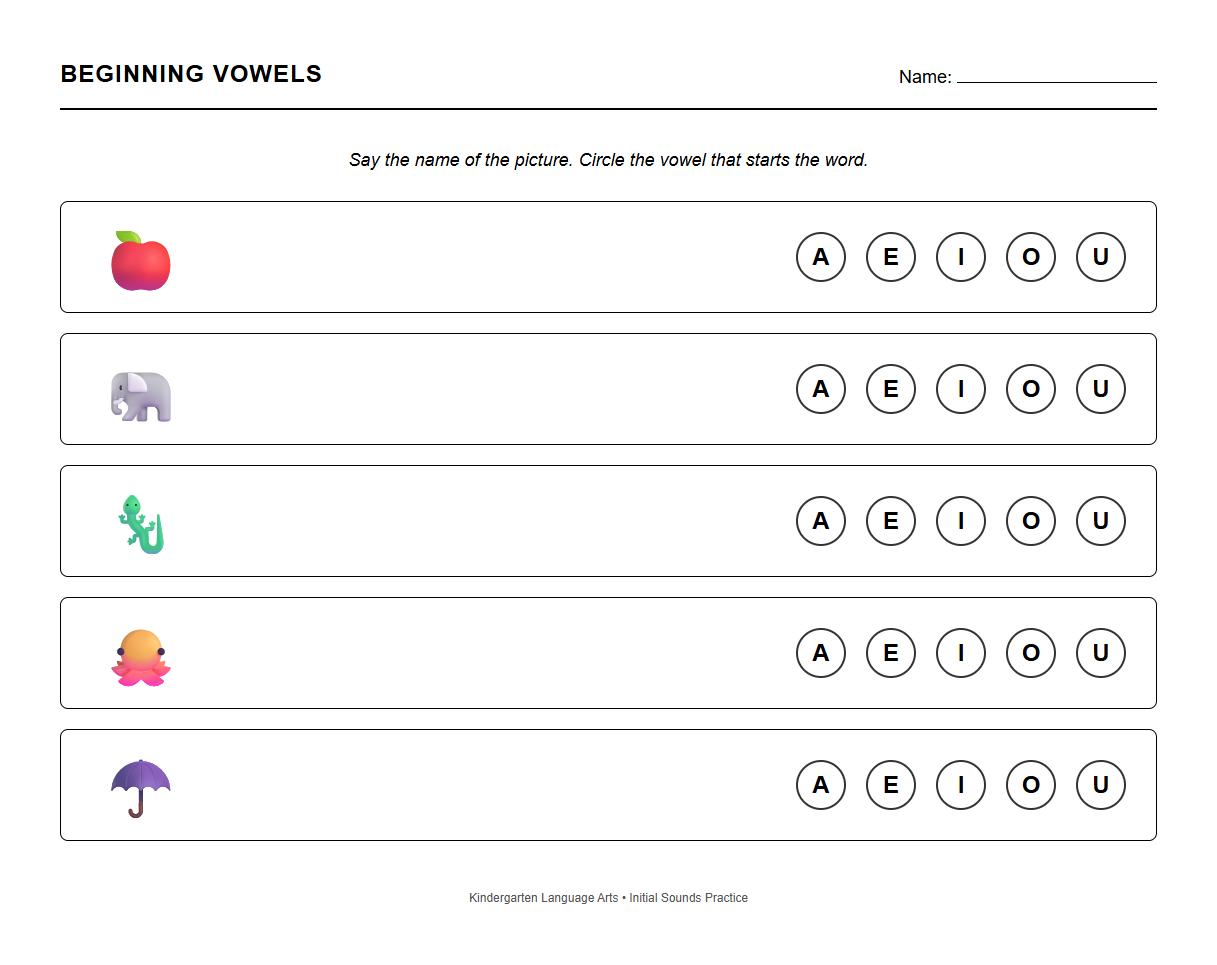 Vowel Introduction Initial Sound Worksheet