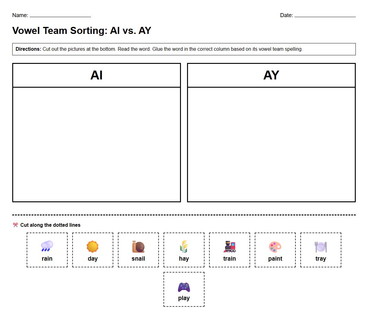 Vowel Team Word Sorting Phonics Worksheet