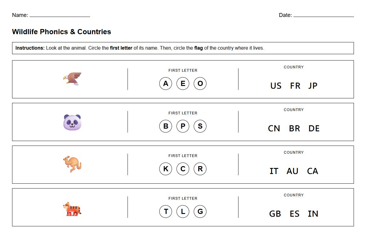 Wildlife Symbol Phonics and Country Association Worksheet