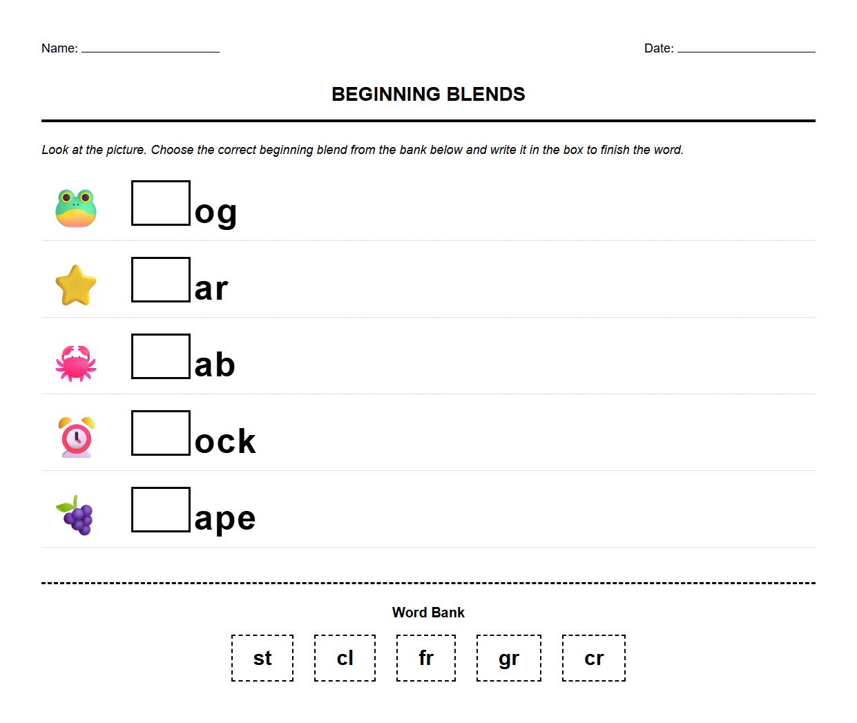 Word Building with Beginning Blends Practice