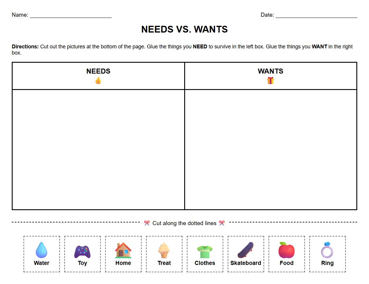 Word Recognition Needs vs Wants Cut and Paste Exercise