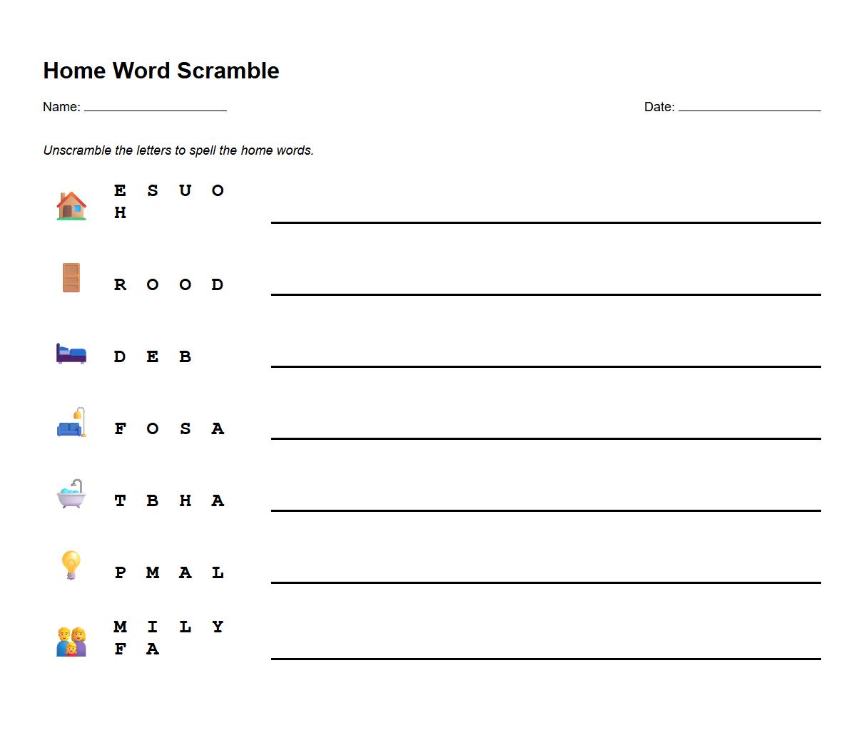Word Scramble Worksheet for Home Related Words