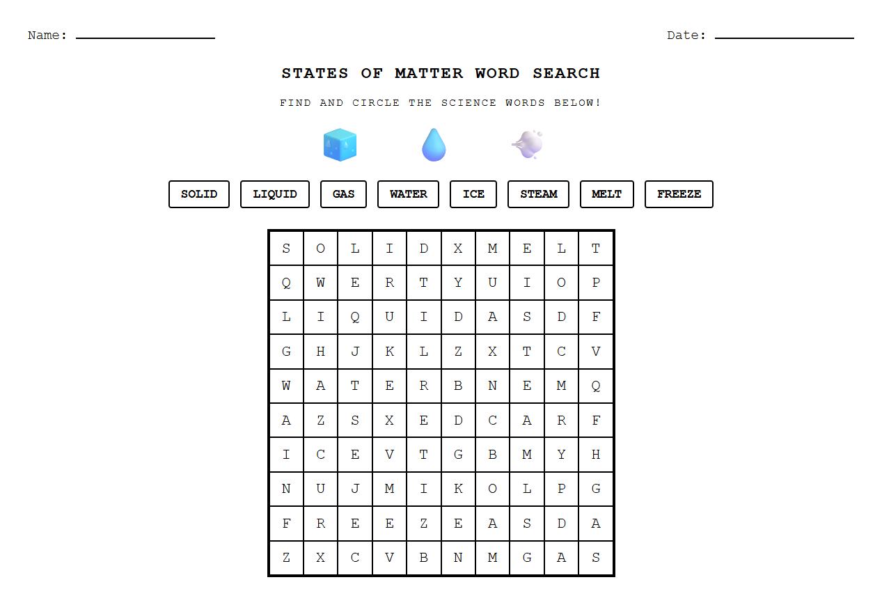 Word Search States of Matter Vocabulary Puzzle