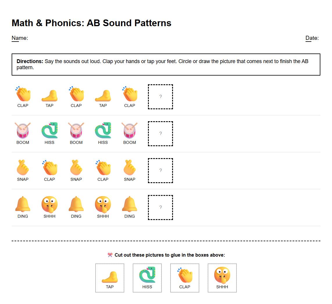 AB Pattern Clap and Tap Sound Worksheet Phonics