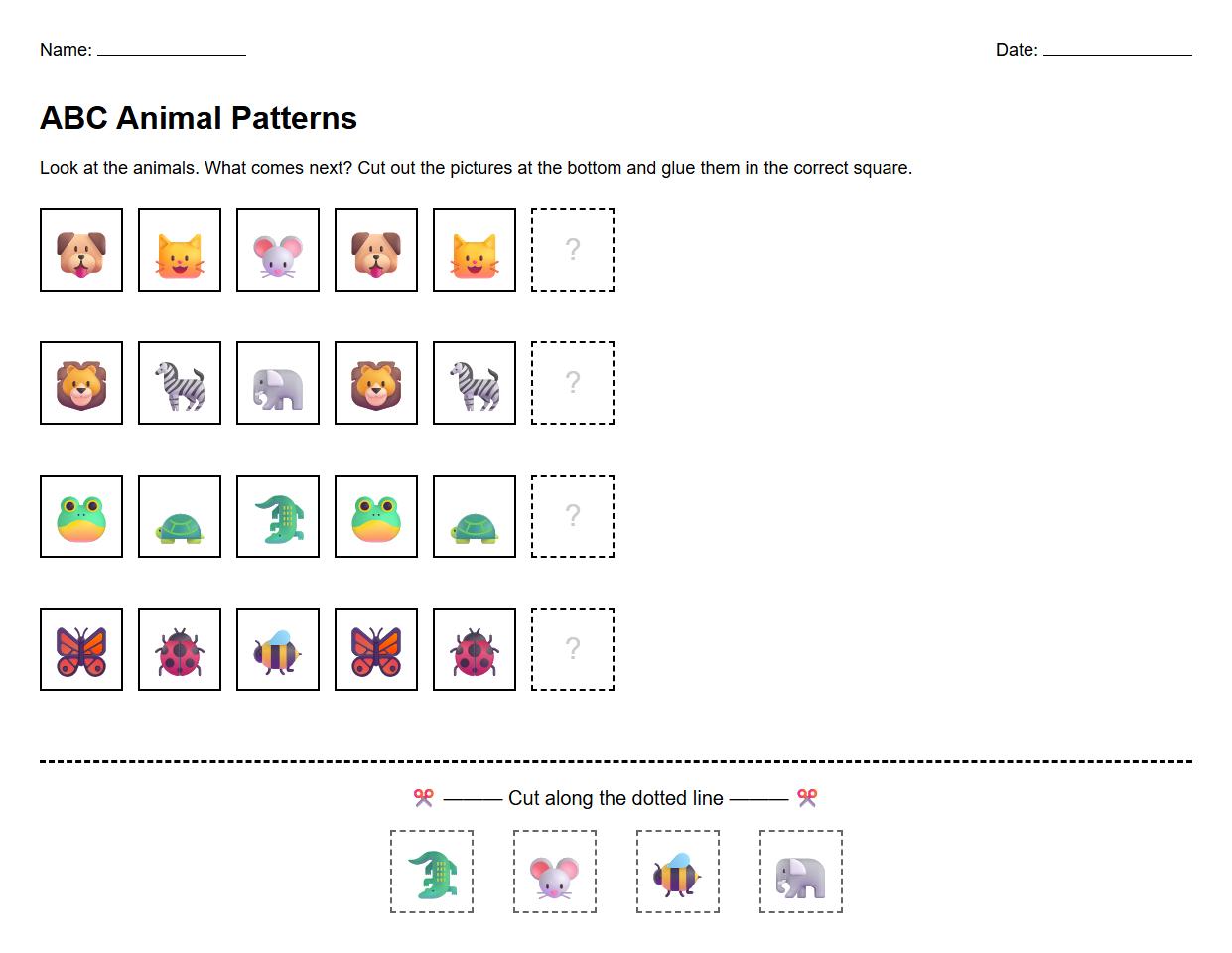 ABC Structure Sequencing with Animals Worksheet