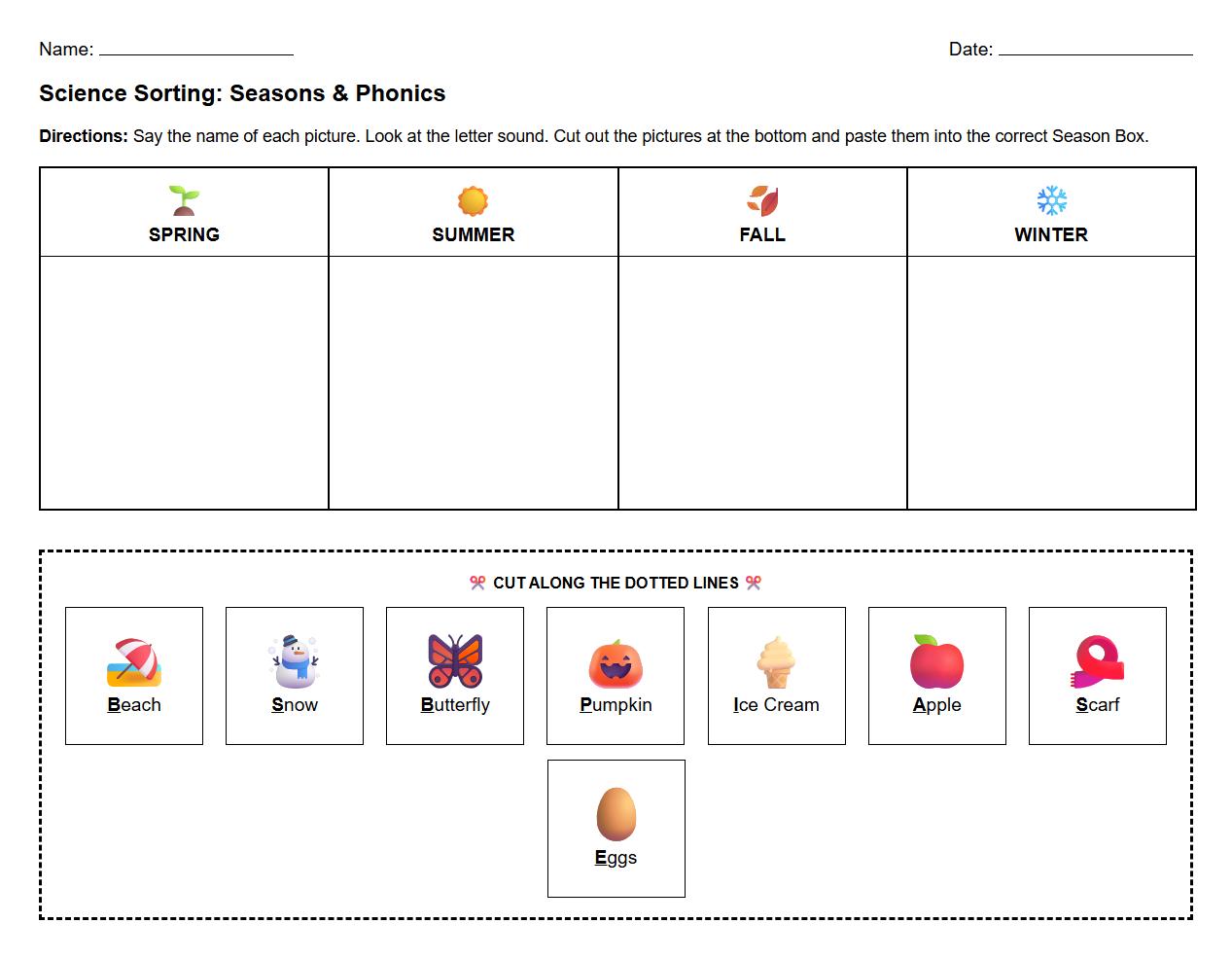 Activities Sorting Based on Seasonal Vocabulary Phonics