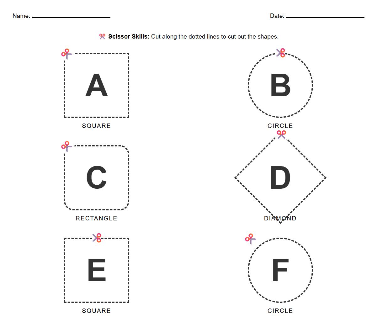 Alphabet Letter Shape Scissor Skill Practice Sheet