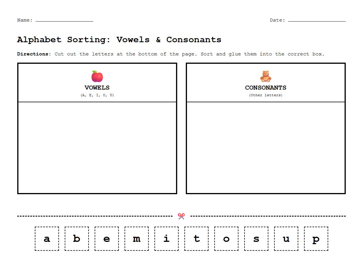 Alphabet Sorting Worksheet for Vowel and Consonant Phonics