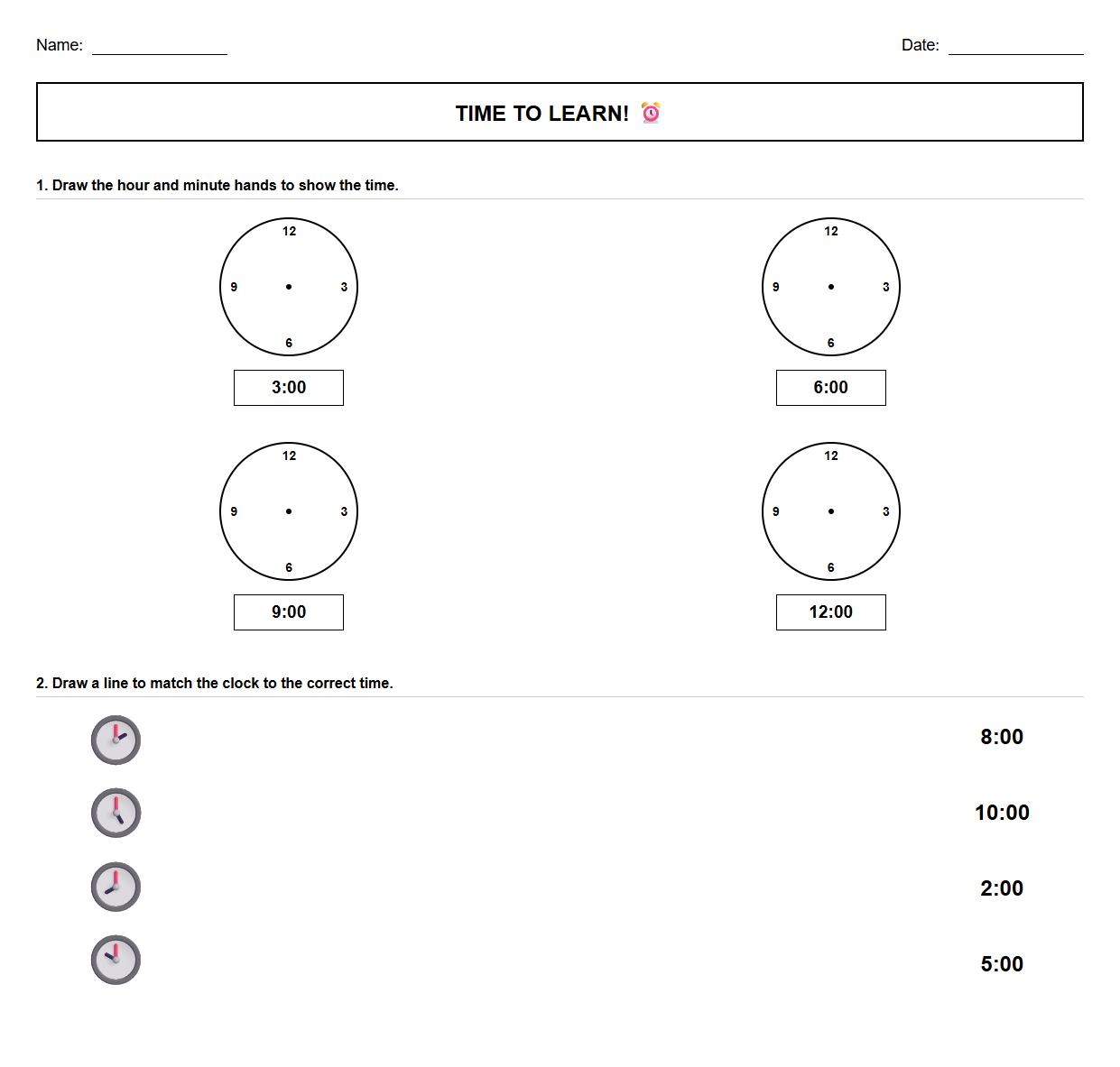 Analog Clock Drawing and Hour Matching Worksheet
