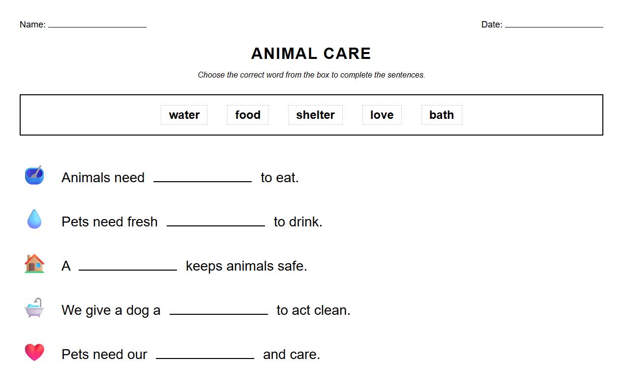 Animal Care Cloze Worksheet Featuring Key Vocabulary