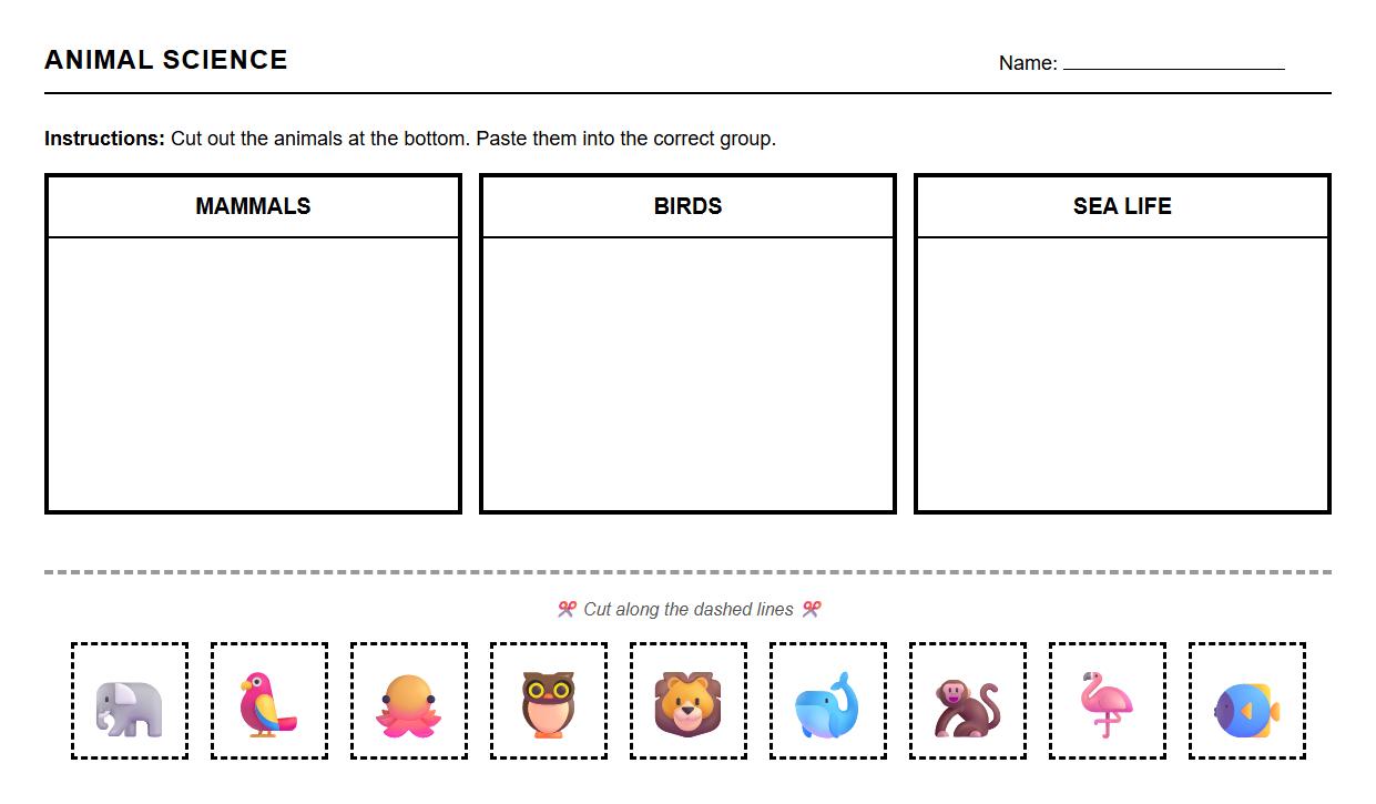 Animal Classification Drag and Drop Matching Activity