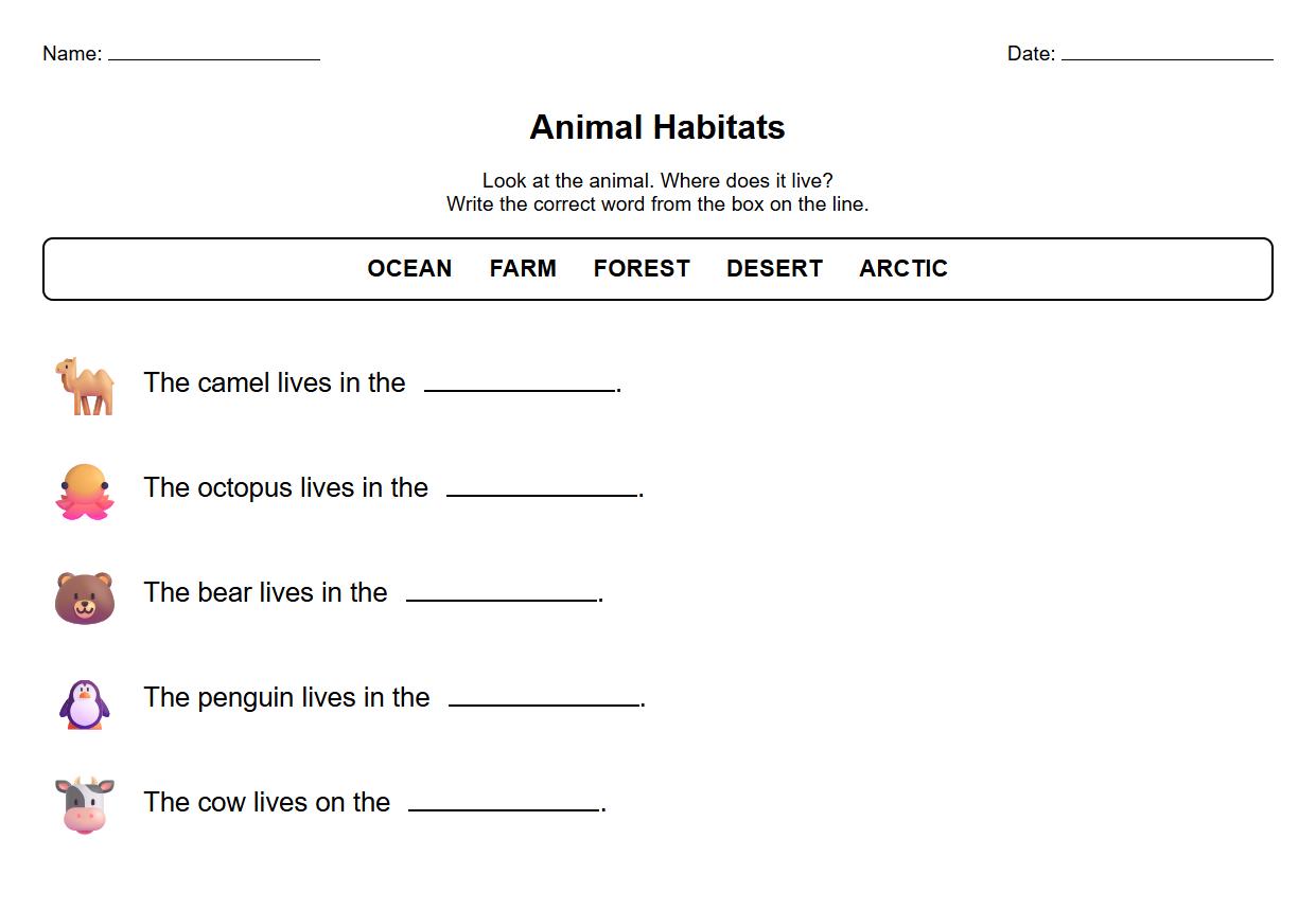 Animal Habitat Fill in the Blanks Worksheet