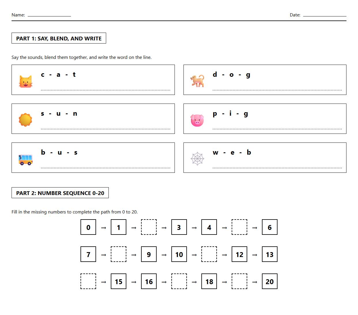 Blending Sounds Phonics Activities with Number Sequence 0 to 20 Worksheet
