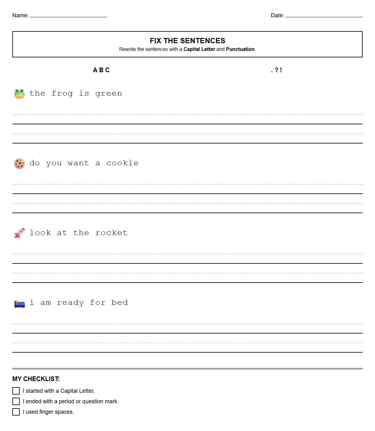 Capitalization and Punctuation Practice Sheet