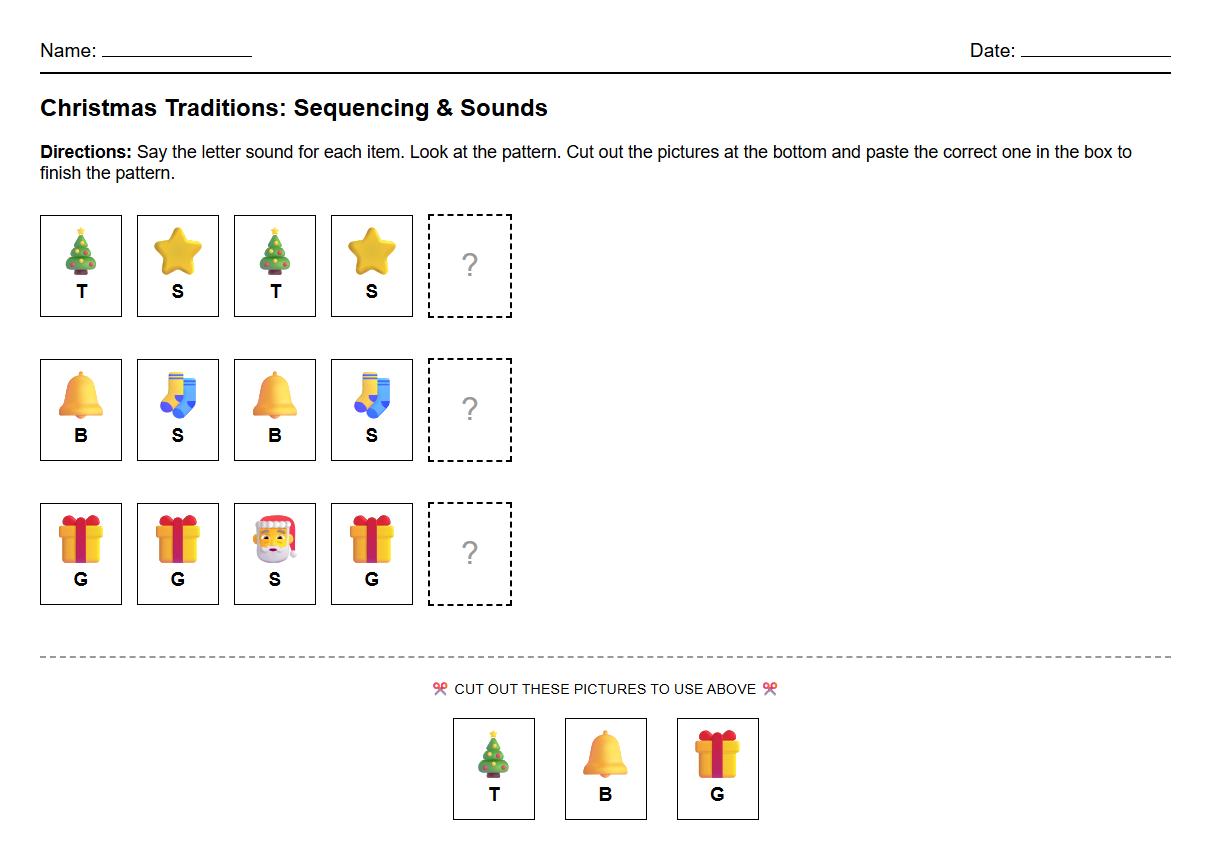 Christmas Tree Pattern Sequencing Phonics Worksheet