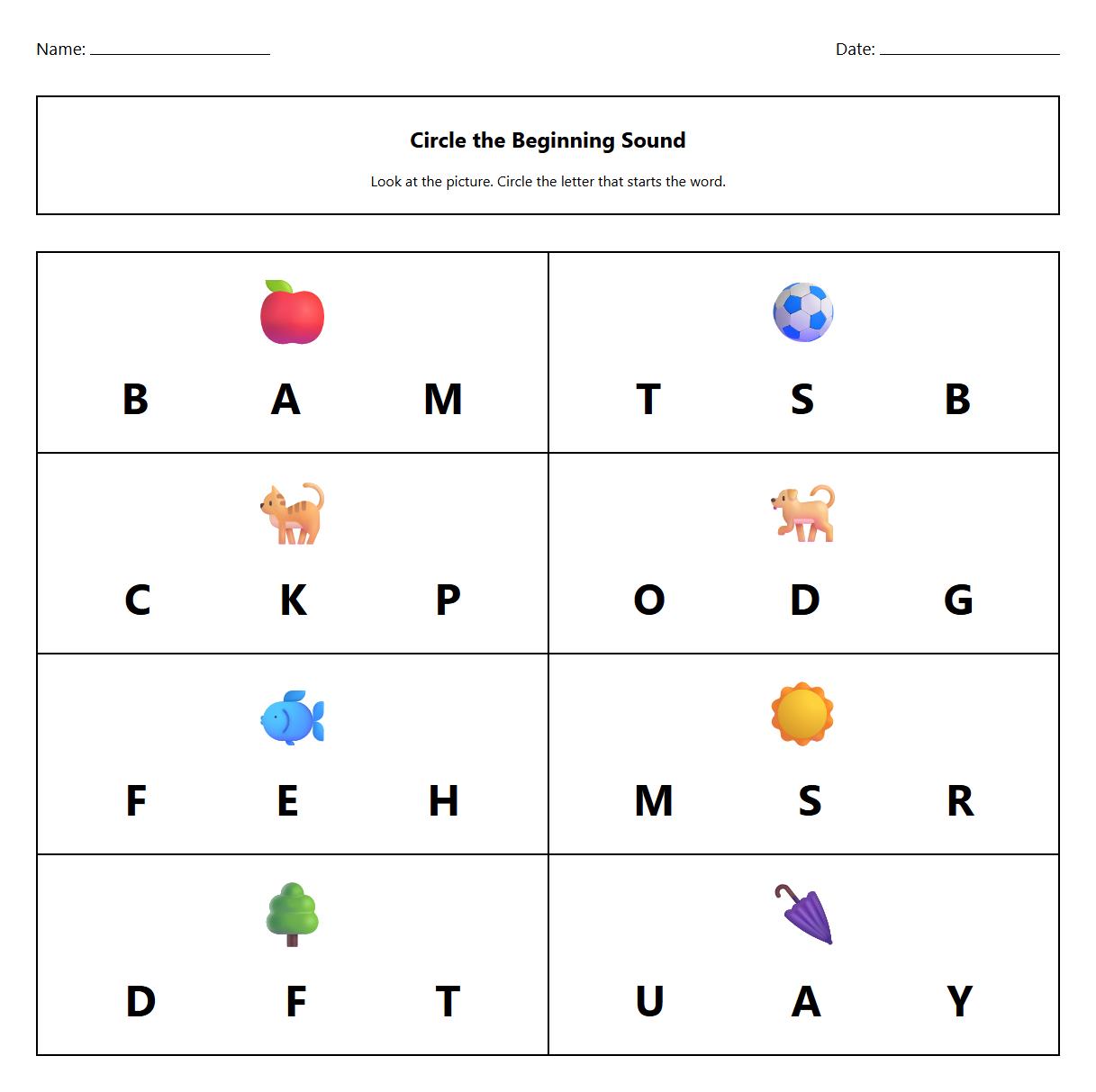 Circle the Beginning Sound Following Instructions Worksheet