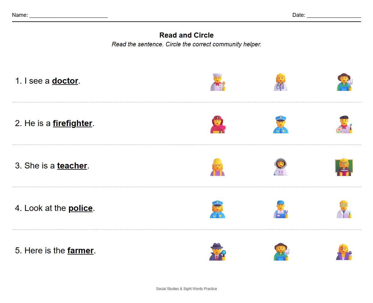 Circle the Correct Helper Worksheet Using Sight Word Identification