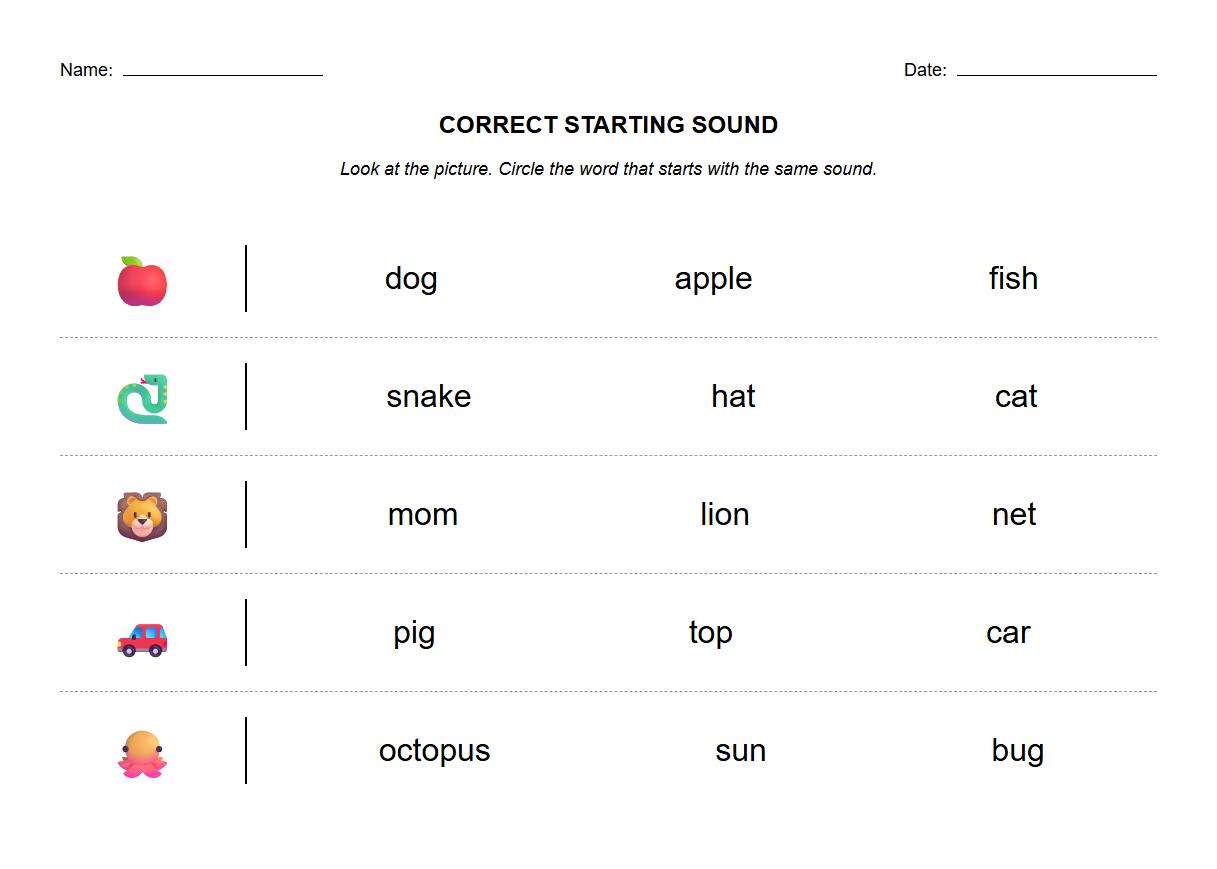 Circle the Word with Correct Starting Sound Exercises