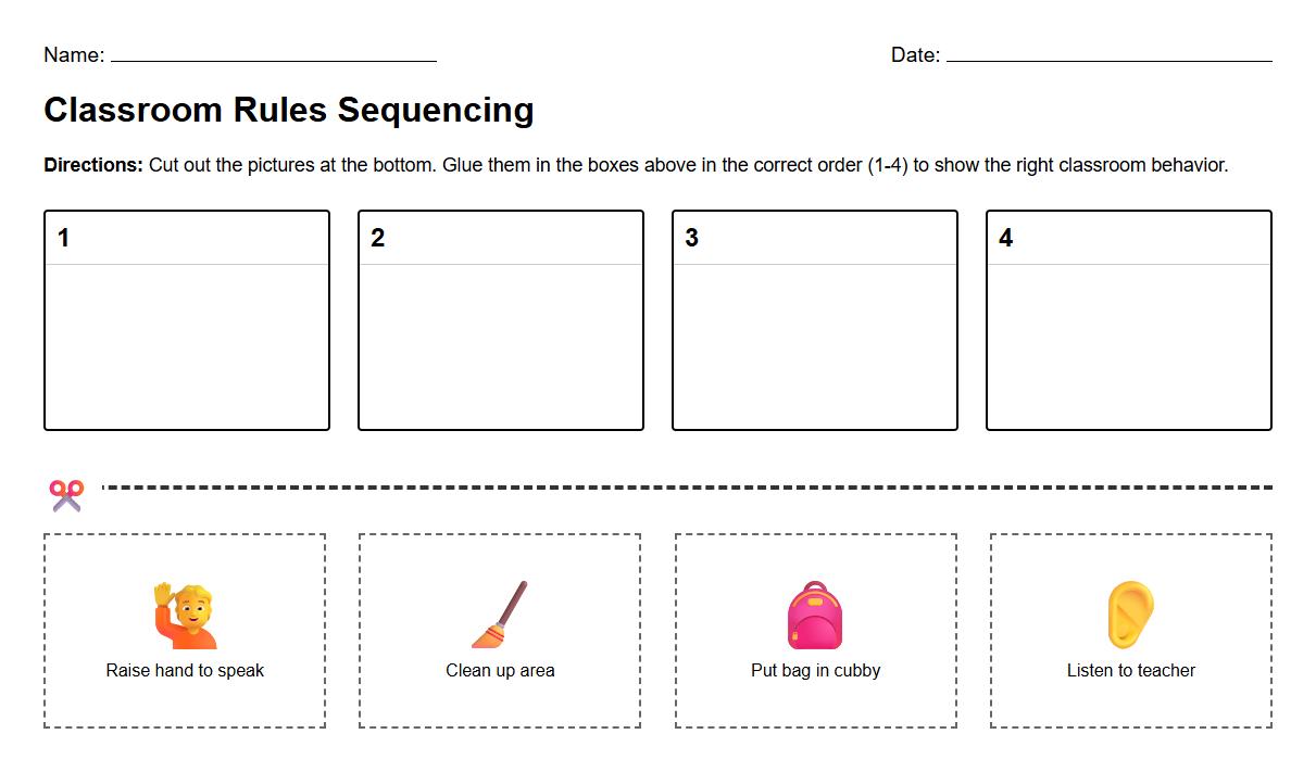 Classroom rules Visual Sequencing worksheet featuring step by step images