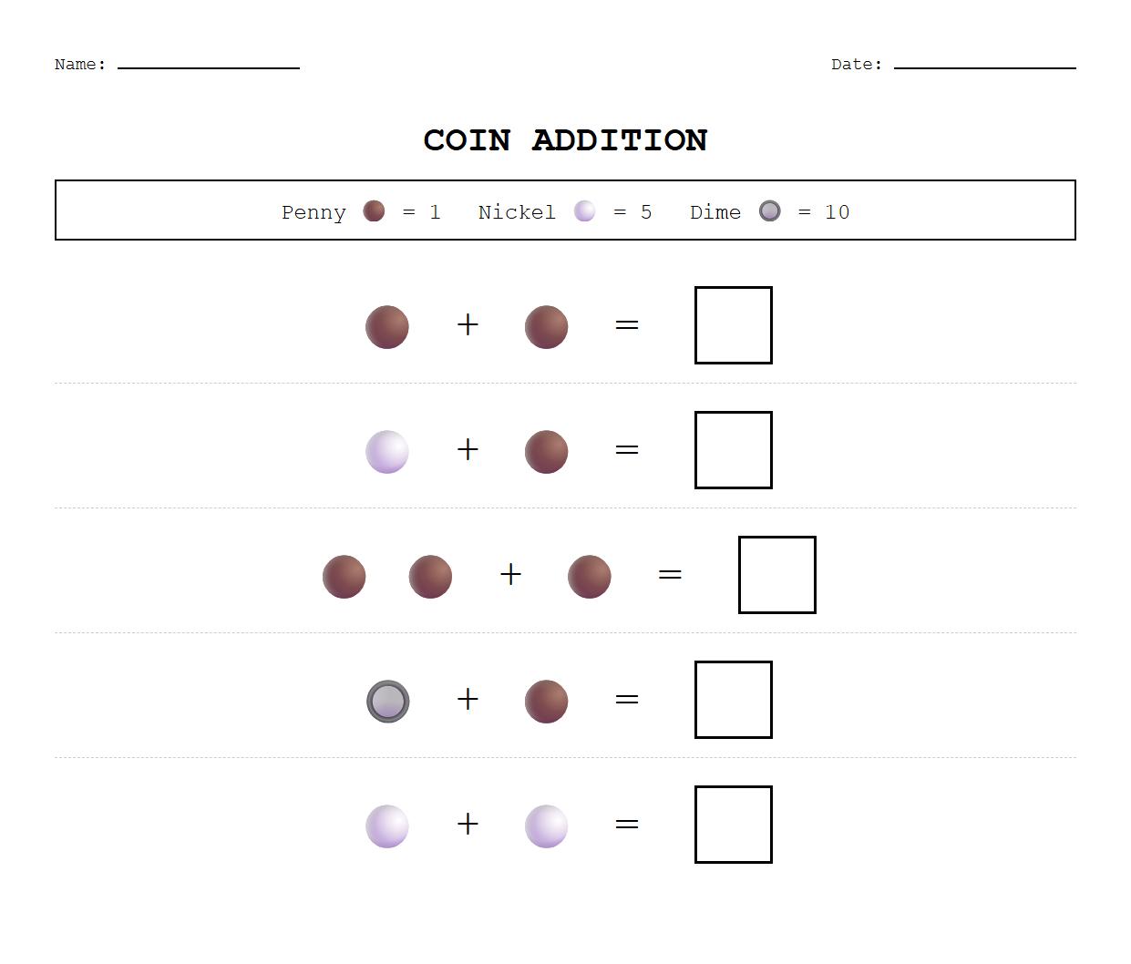 Coin Addition Simple Math Worksheet